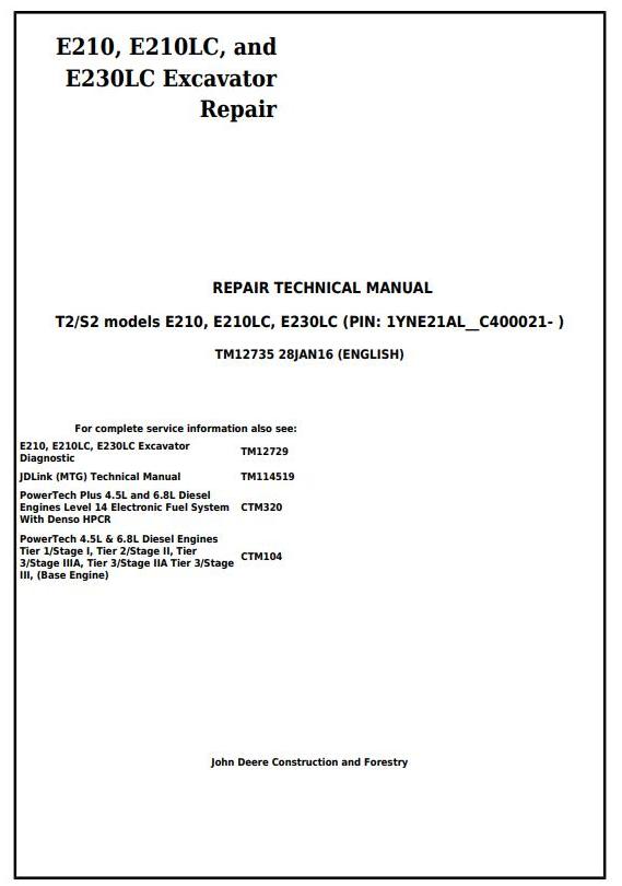 John Deere E210 E210LC E230LC Excavator Repair Technical Manual TM12735