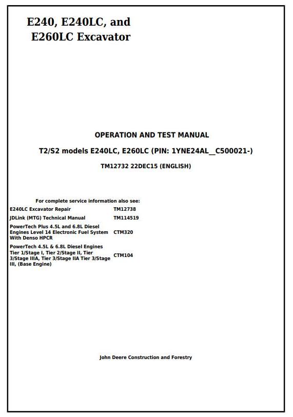 John Deere E240 E240LC E260LC Excavator Operation Test Manual TM12732