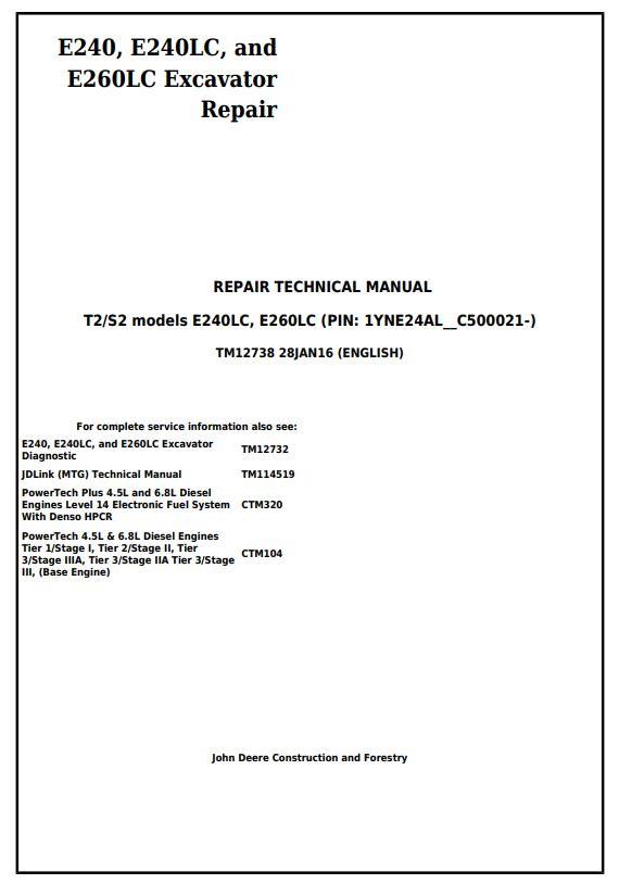 John Deere E240 E240LC E260LC Excavator Repair Technical Manual TM12738