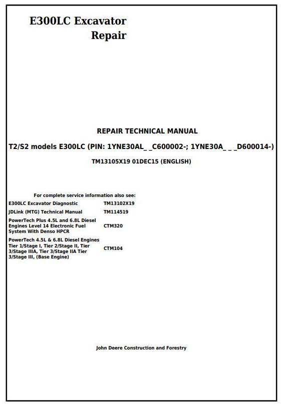 John Deere E300LC Excavator Repair Technical Manual TM13105X19