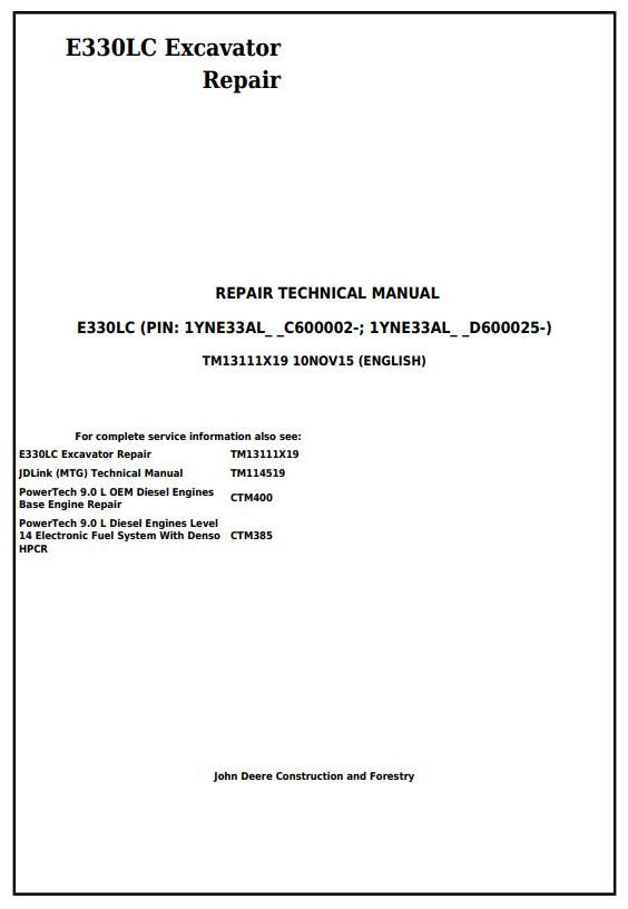 John Deere E330LC Excavator Repair Technical Manual TM13111X19