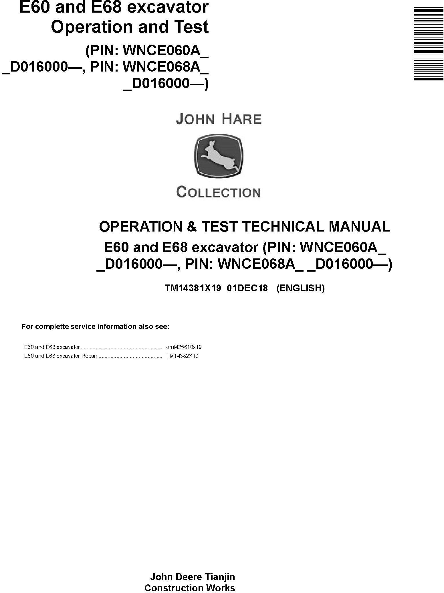 John Deere E60 E68 Excavator Operation Test Technical Manual TM14381X19