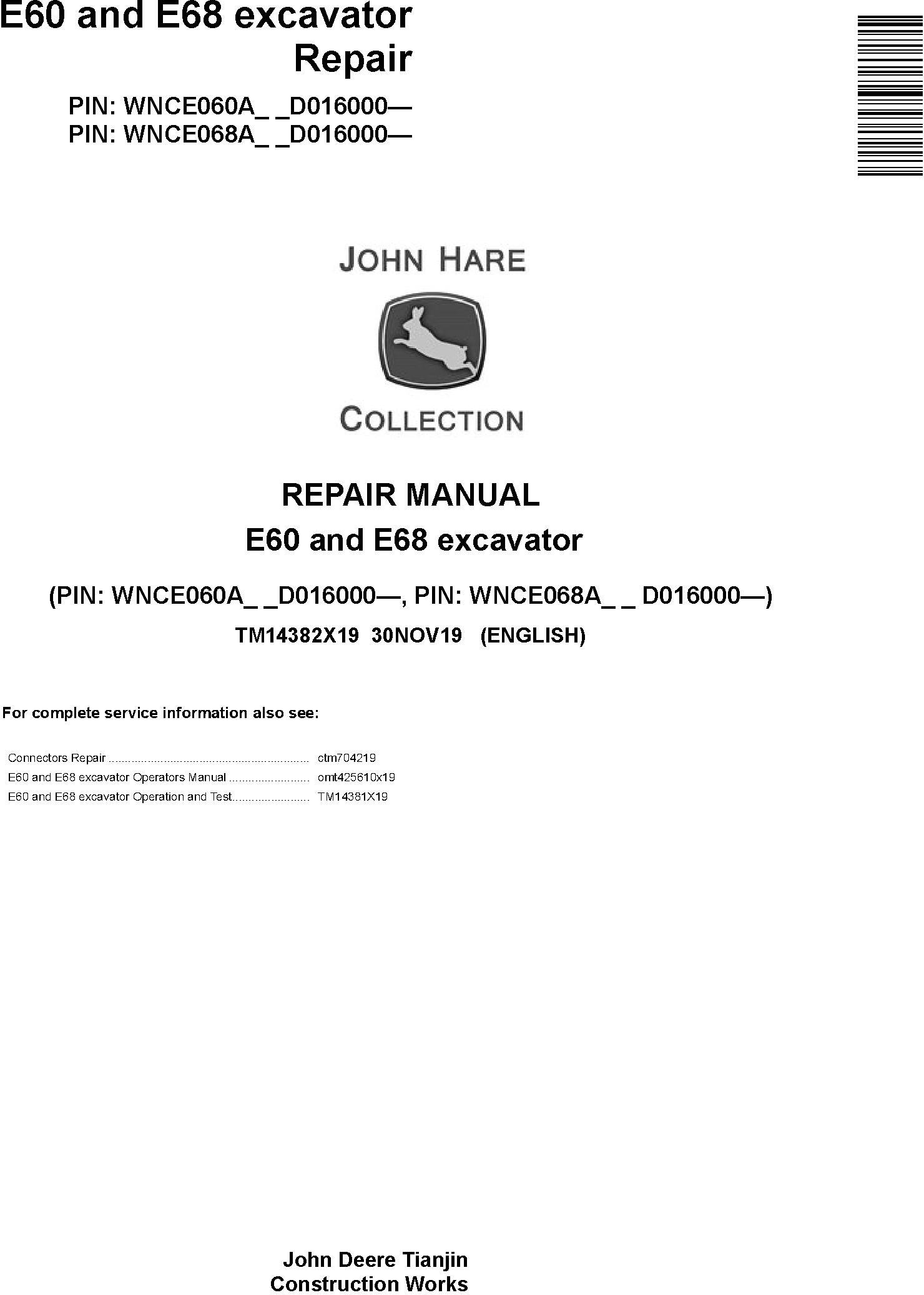 John Deere E60 E68 Excavator Repair Manual TM14382X19