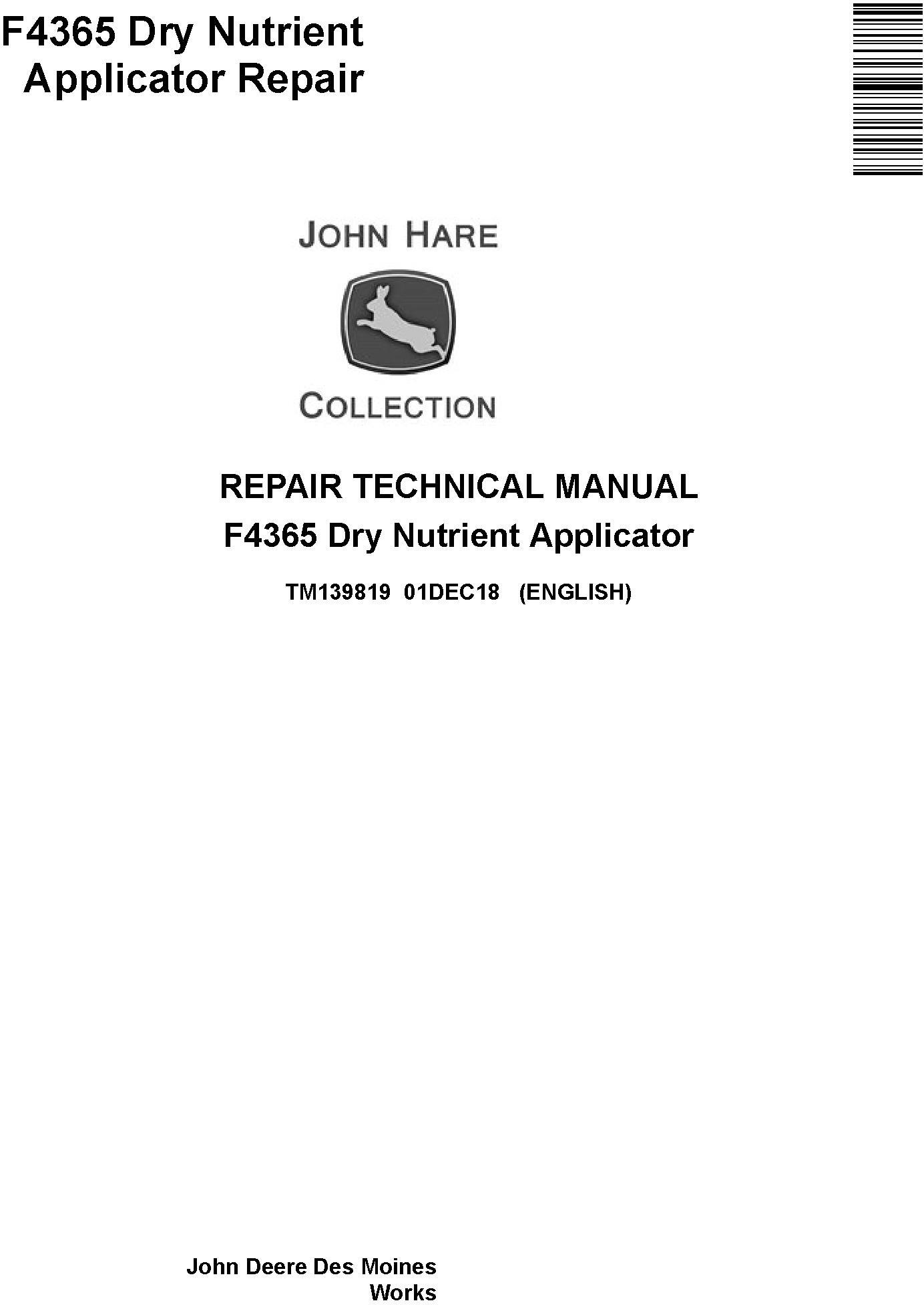 John Deere F4365 Dry Nutrient Applicator Repair Technical Manual TM139819