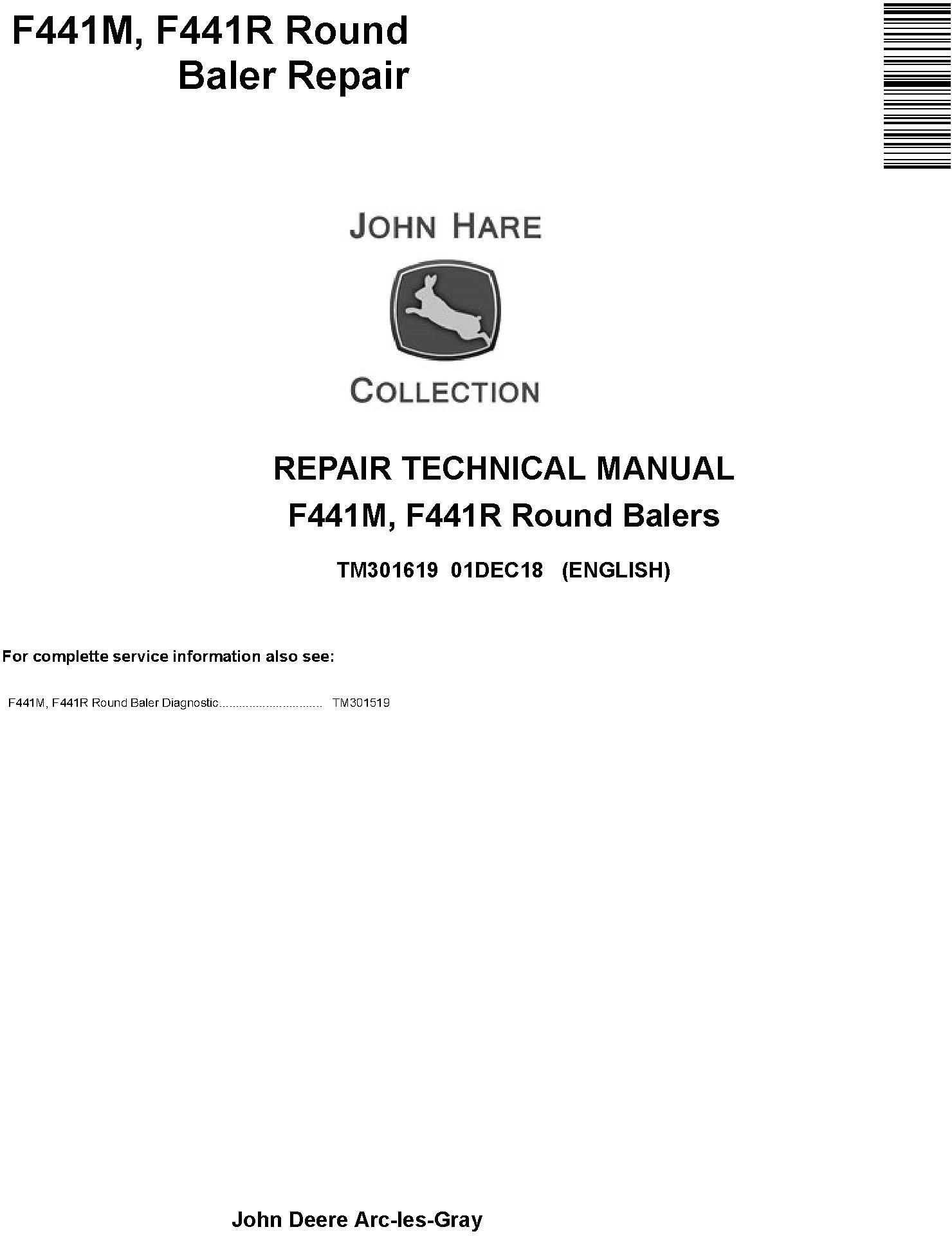 John Deere F441M F441R Round Balers Repair Technical Manual TM301619