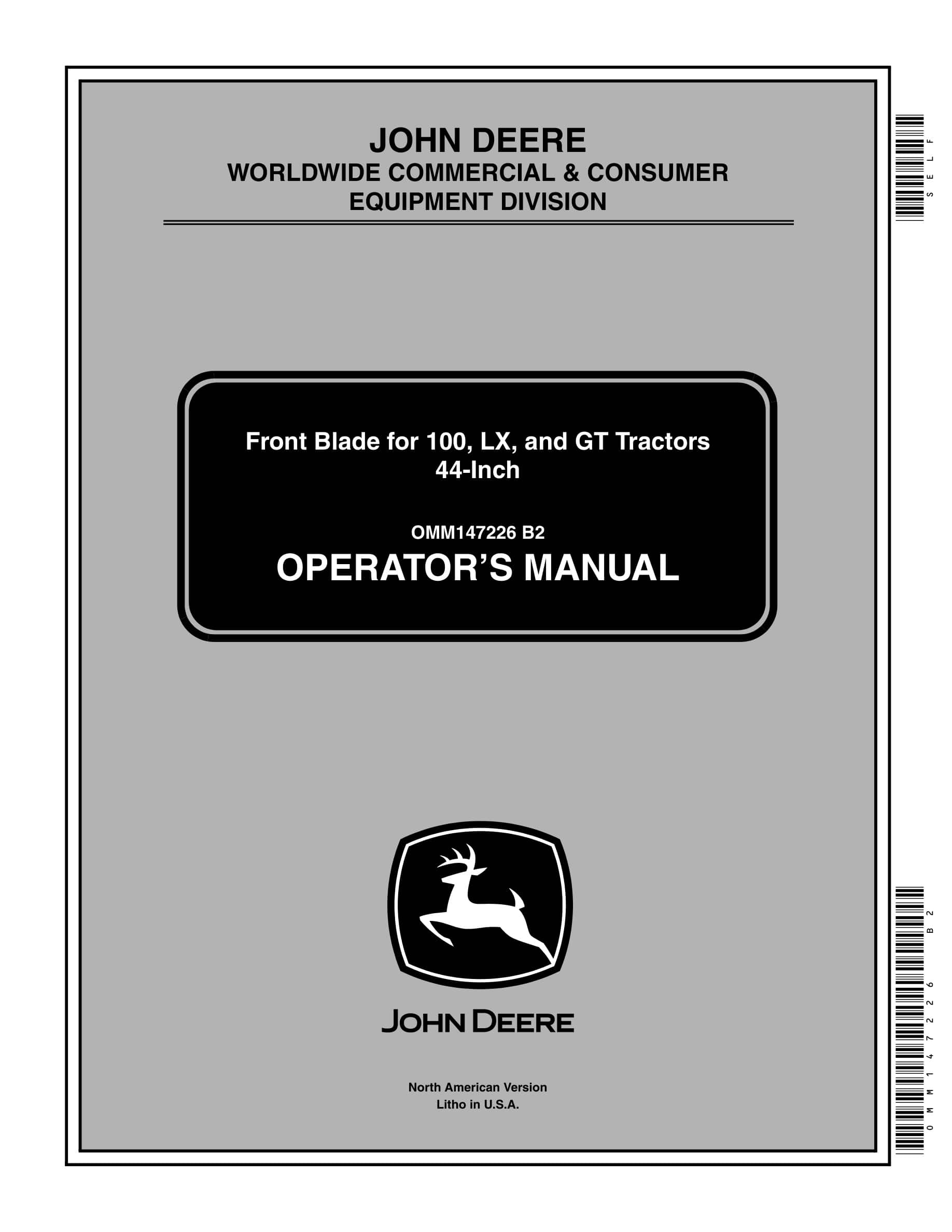 John Deere Front Blade For 100, Lx, And Gt 44-inch Tractors Operator Manuals OMM147226-1