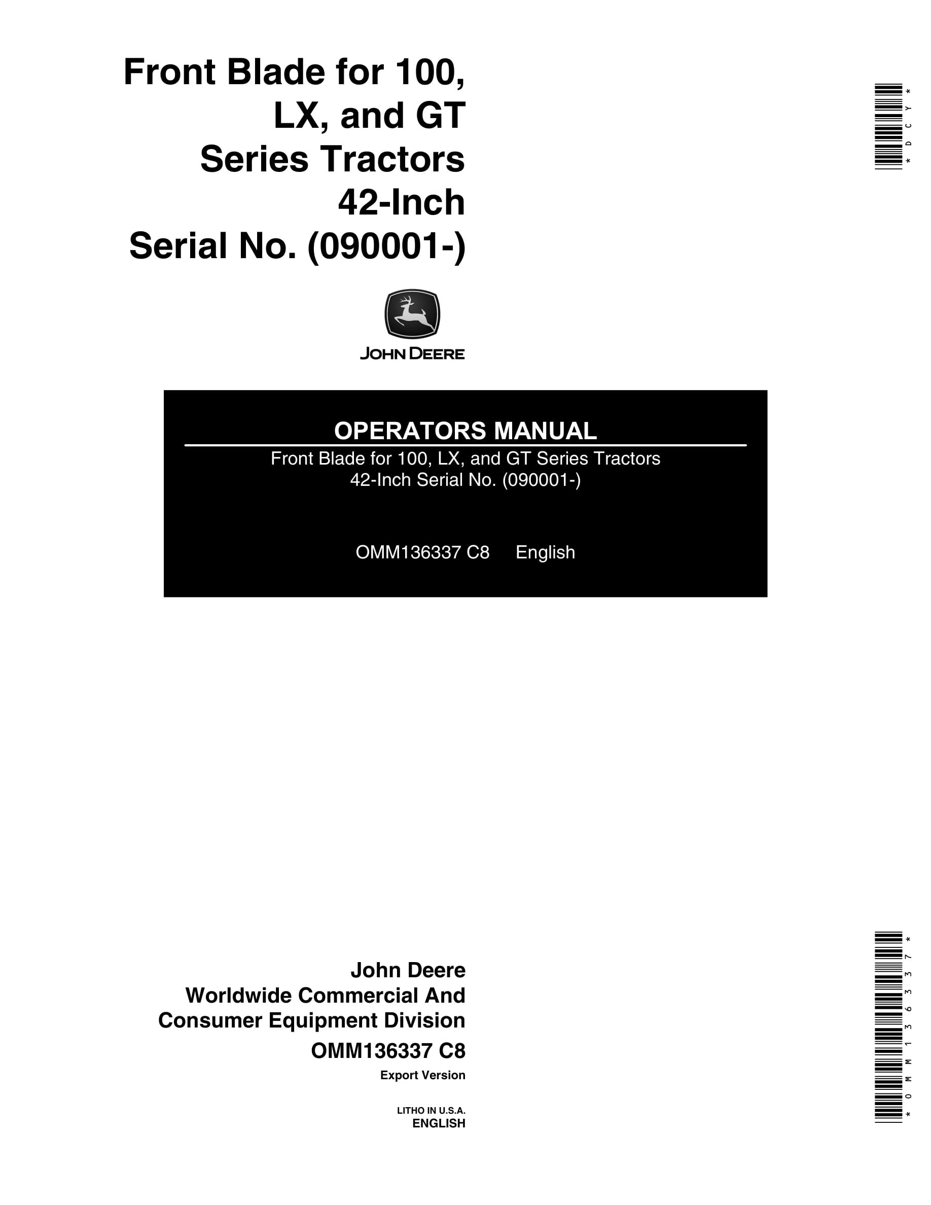 John Deere Front Blade For 100, Lx, And Gt Series Tractors Operator Manuals 42-inch OMM136337-1