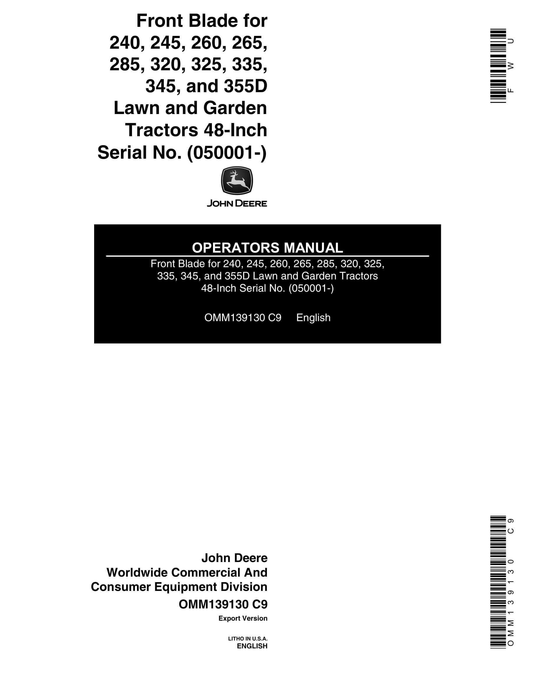 John Deere Front Blade For 240, 245, 260, 265, 285, 320, 325,335, 345, And 355d Lawn And Garden Tractors Operator Manuals 48-inch OMM139130-1