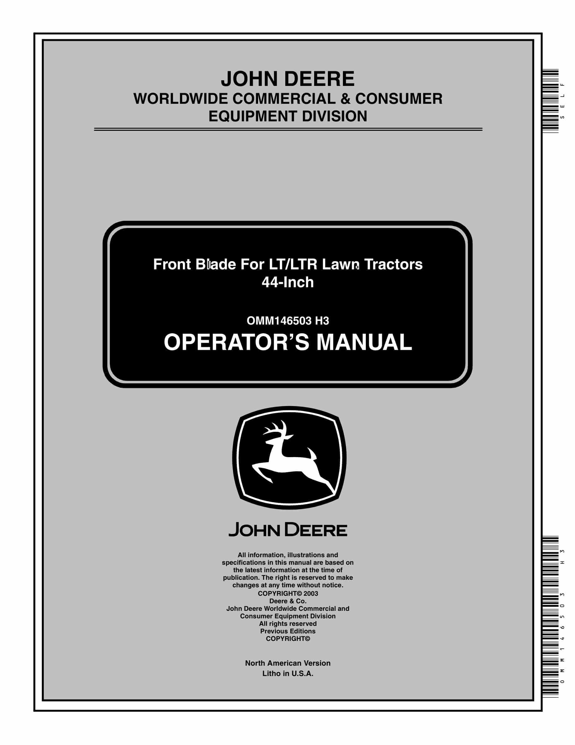 John Deere Front Blade For Lt Ltr 44-inch Lawn Tractors Operator Manuals OMM146503-1
