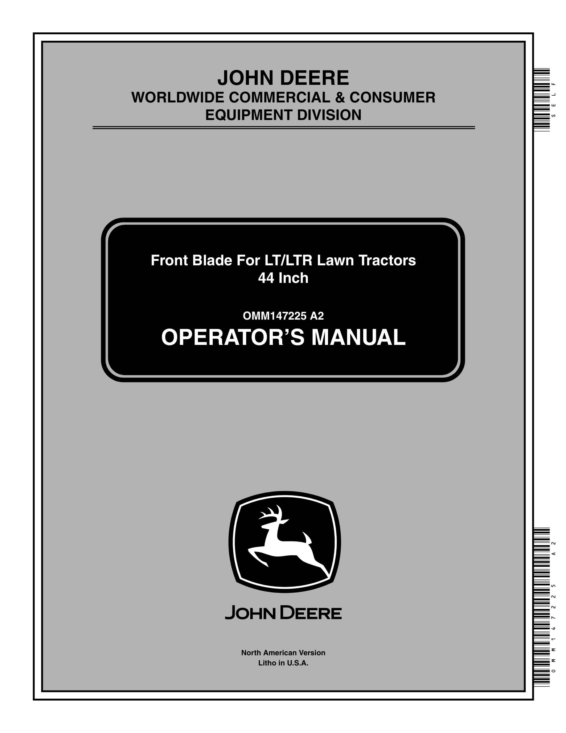 John Deere Front Blade For Lt Ltr Lawn 44 Inch Tractors Operator Manuals OMM147225-1
