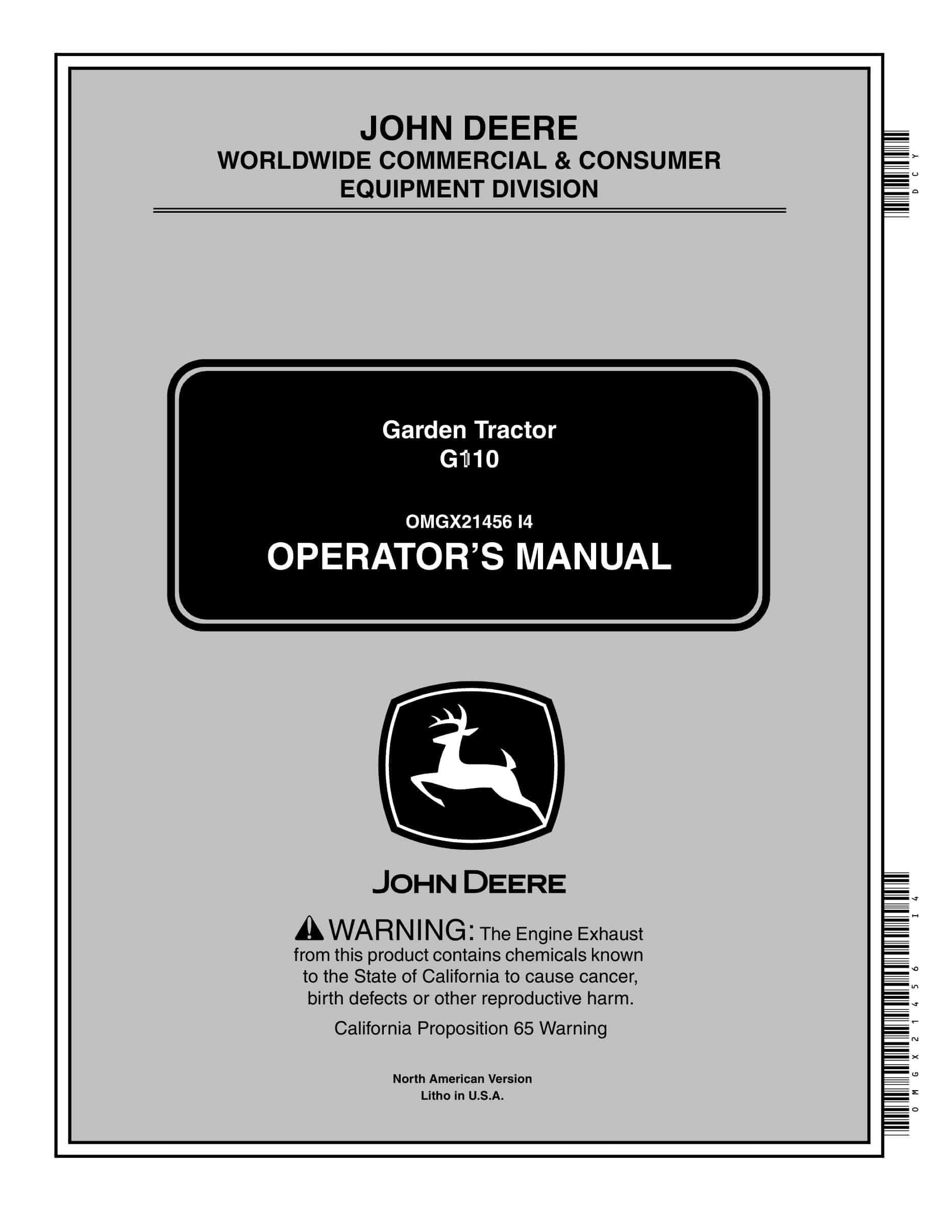 John Deere G110 Tractor Operator Manual OMGX21456-1