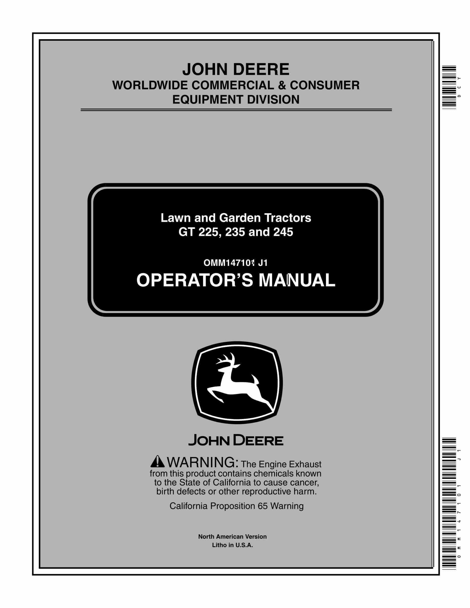 John Deere GT 225, 235 and 245 Tractor Operator Manual OMM147101-1