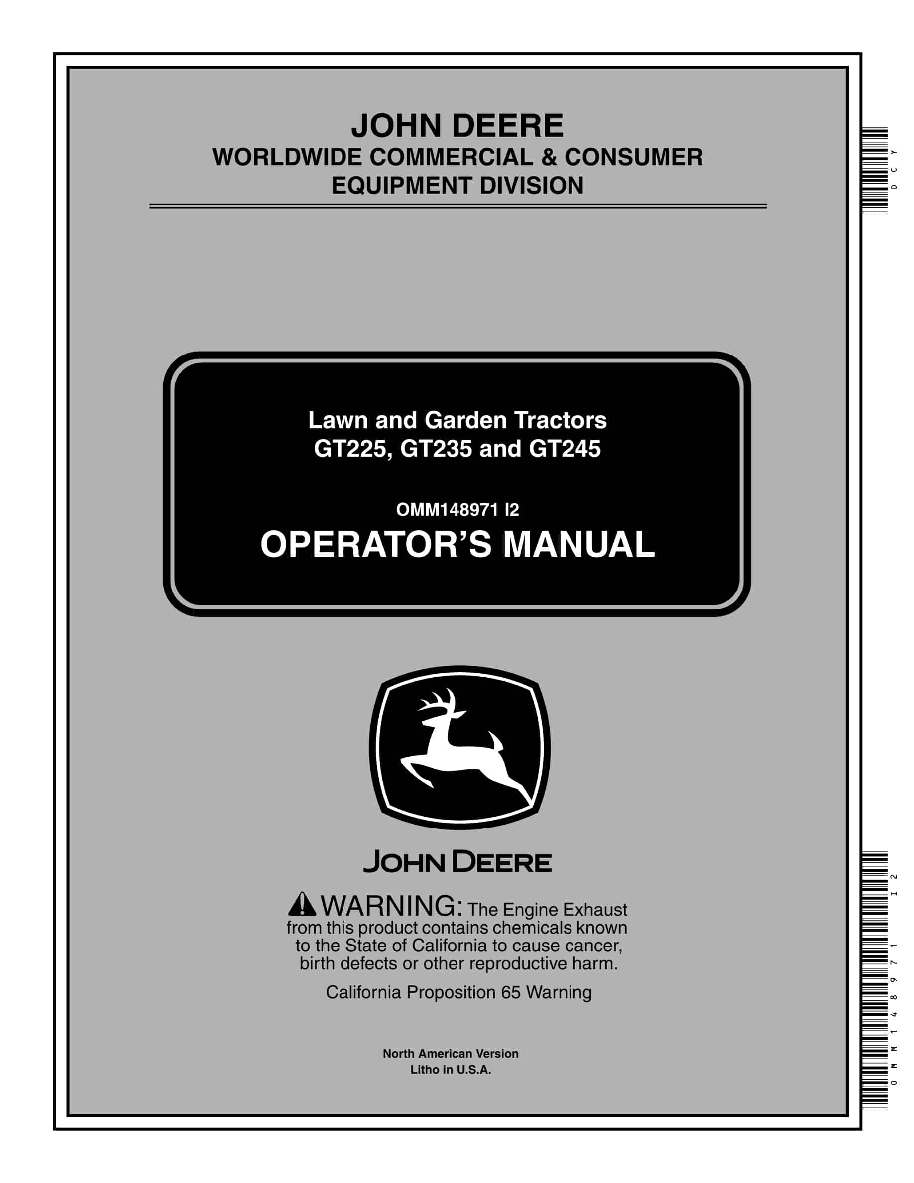 John Deere GT225, GT235 and GT245 Tractor Operator Manual OMM148971-1