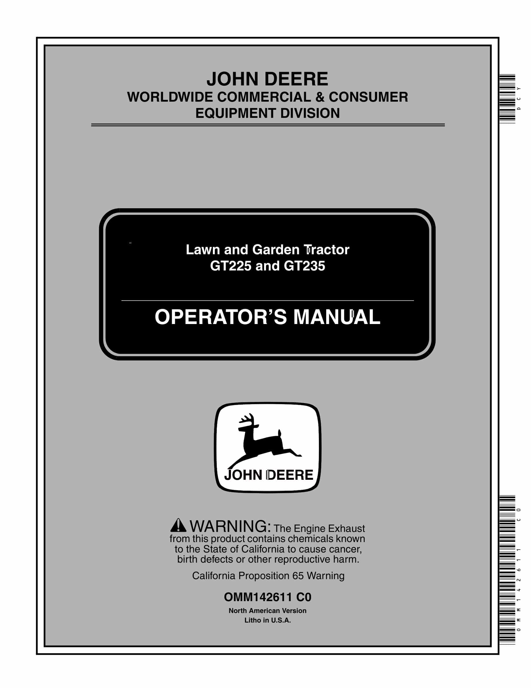 John Deere GT225 and GT235 Tractor Operator Manual OMM142611-1