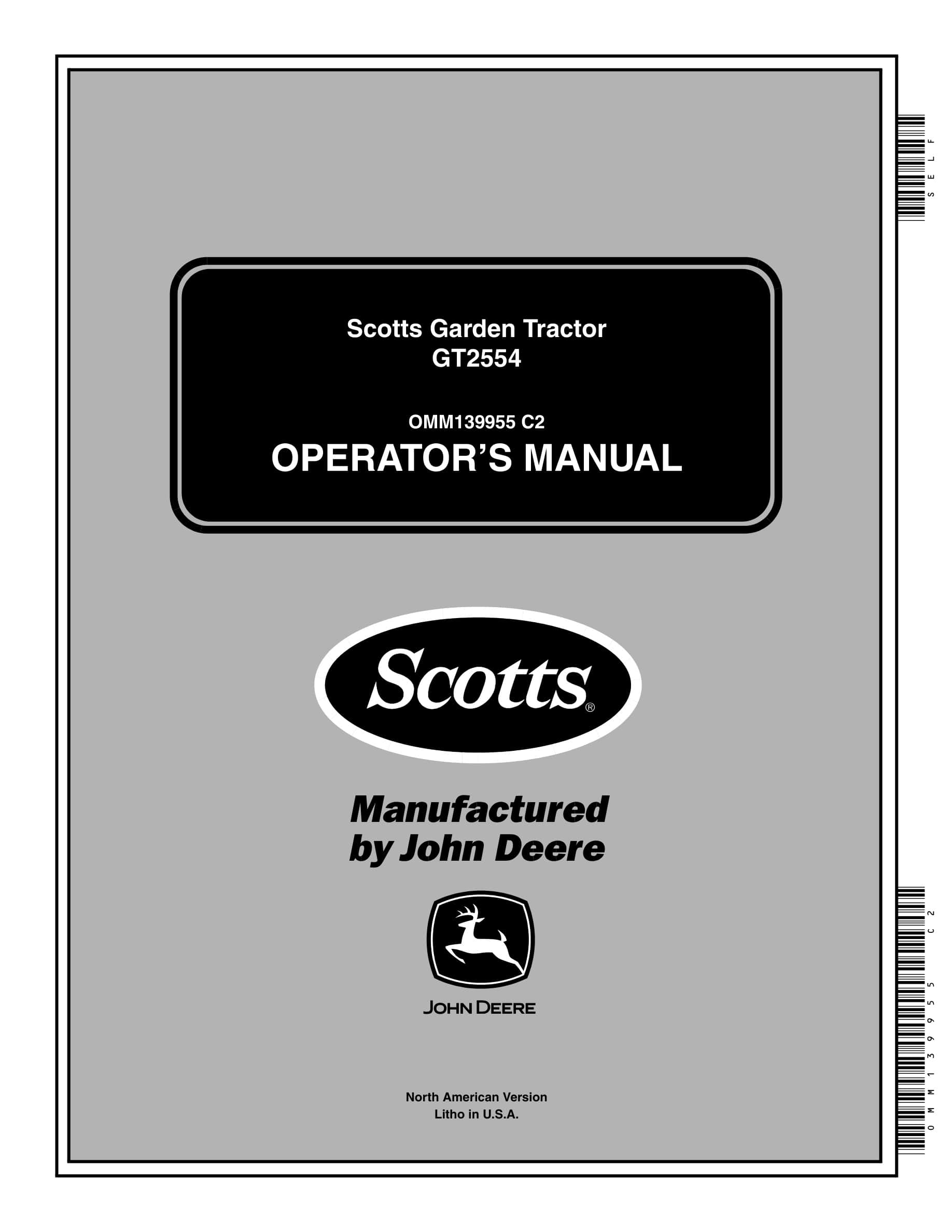 John Deere GT2554 Tractor Operator Manual OMM139955-1