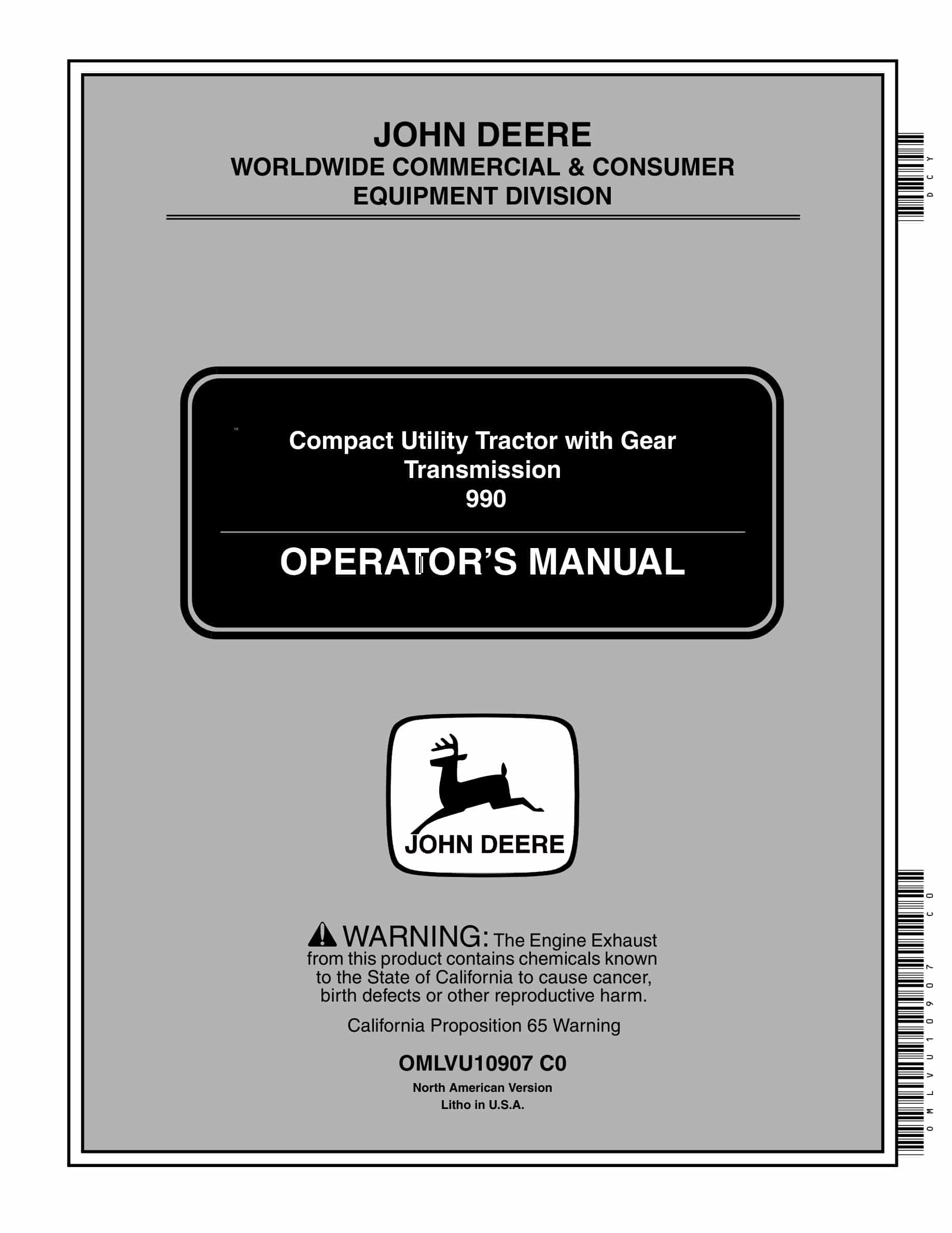 John Deere Gear Transmission 990 Compact Utility Tractors Operator Manual OMLVU10907-1