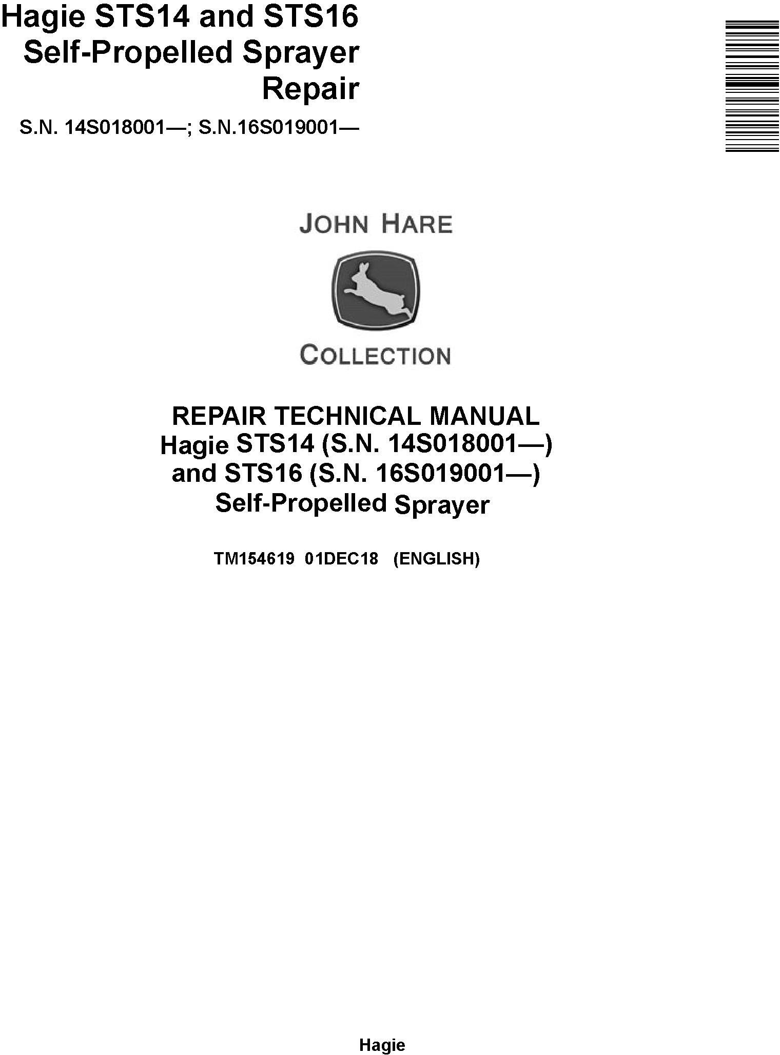 John Deere Hagie STS14 STS16 Self-Propelled Sprayer Repair Technical Manual TM154619