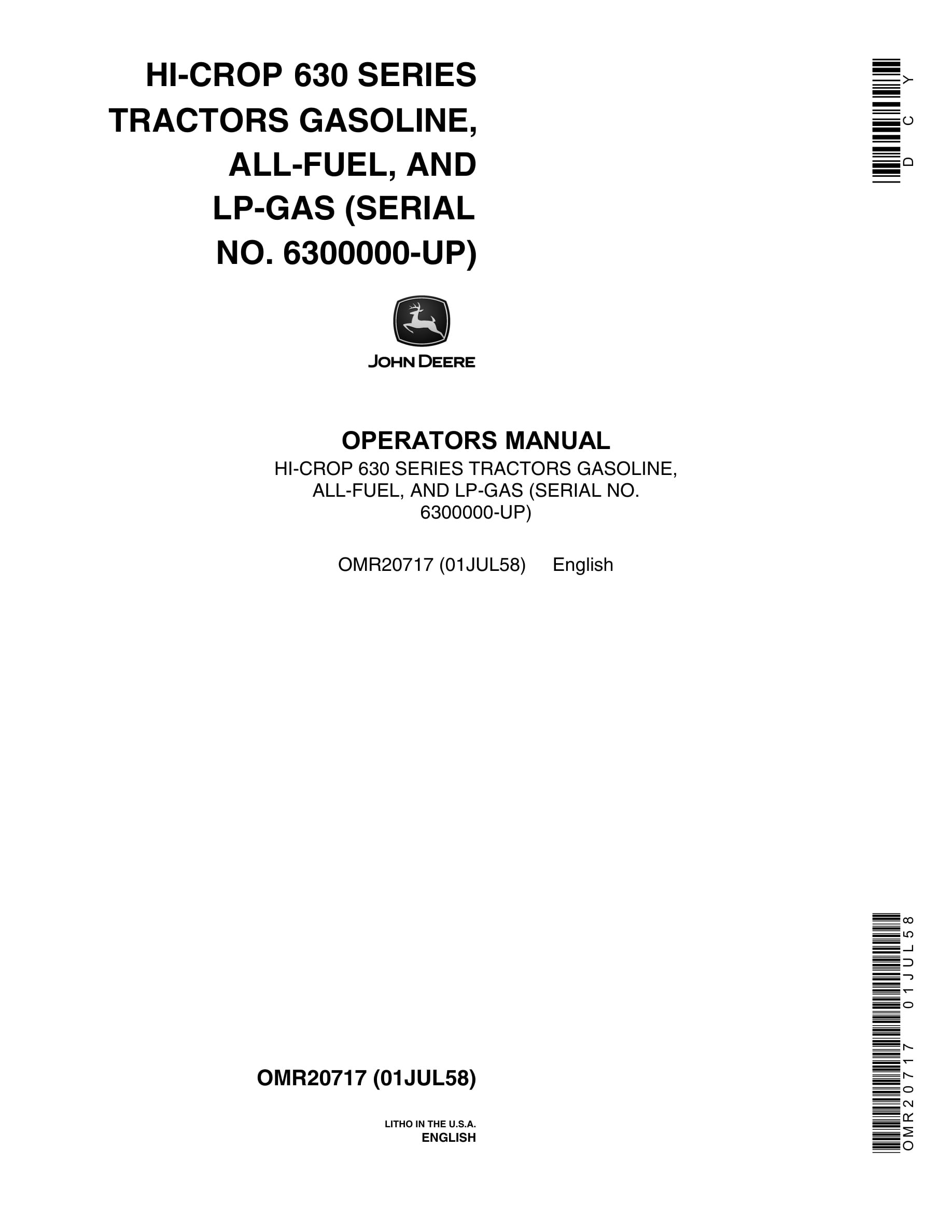 John Deere Hi-crop 630 Series Tractors Gasoline, All-fuel, And Lp-gas Operator Manual OMR2071-1