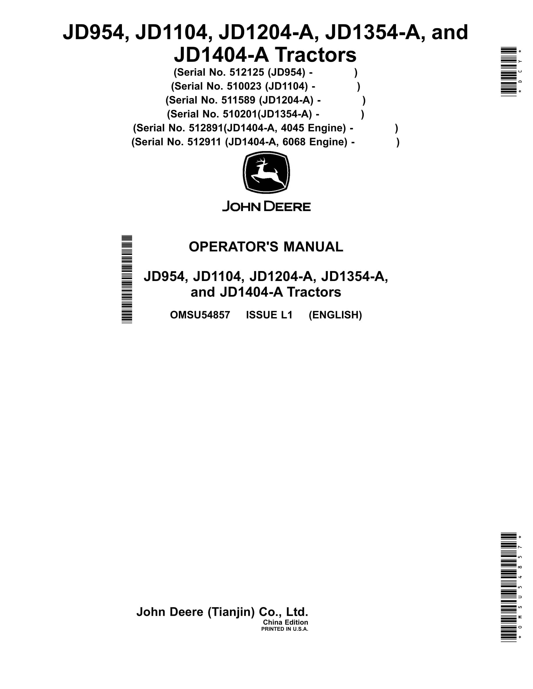 John Deere Jd954, Jd1104, Jd1204-a, Jd1354-a, And Jd1404-a Tractors Operator Manuals OMSU54857-1
