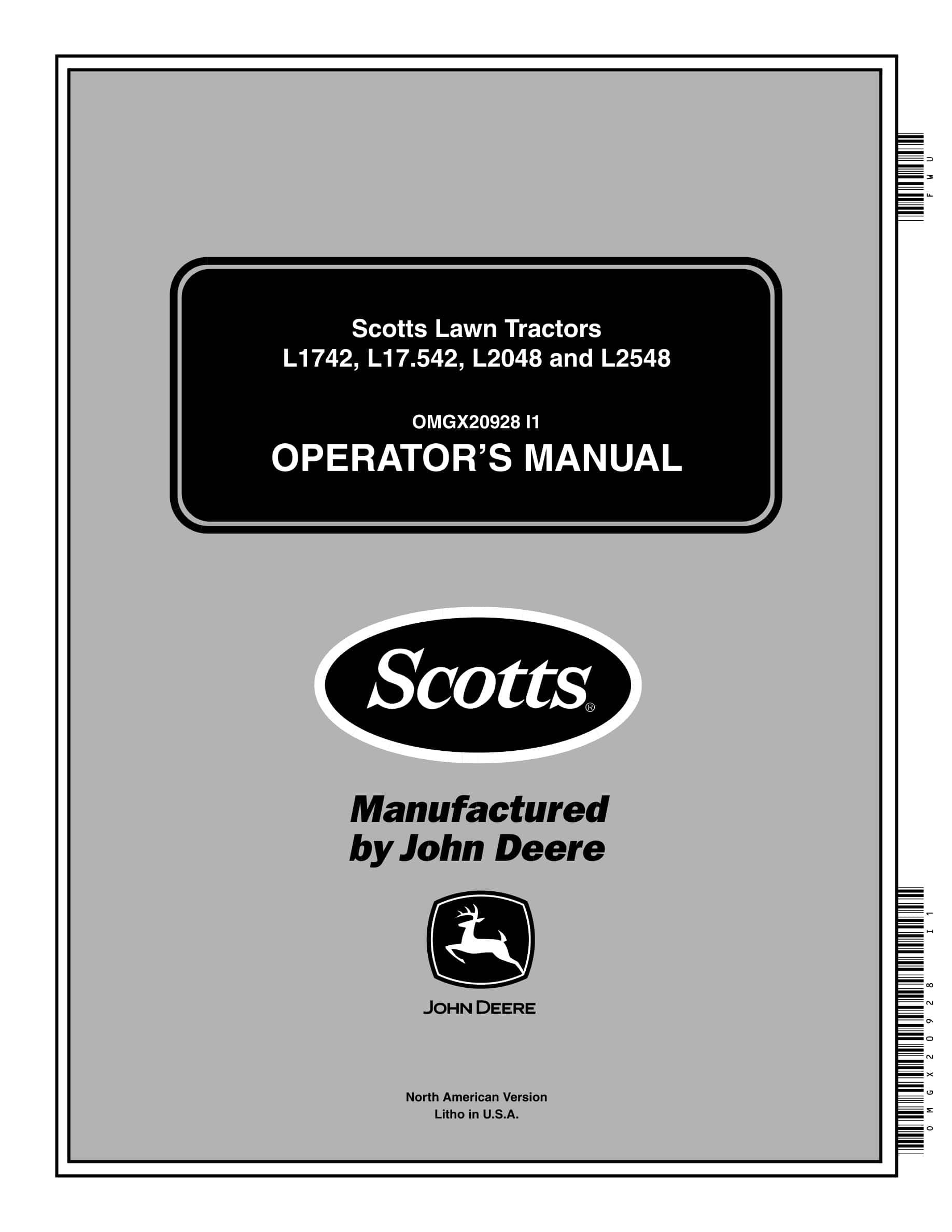 John Deere L1742, L17.542, L2048 and L2548 Tractor Operator Manual OMGX20928-1