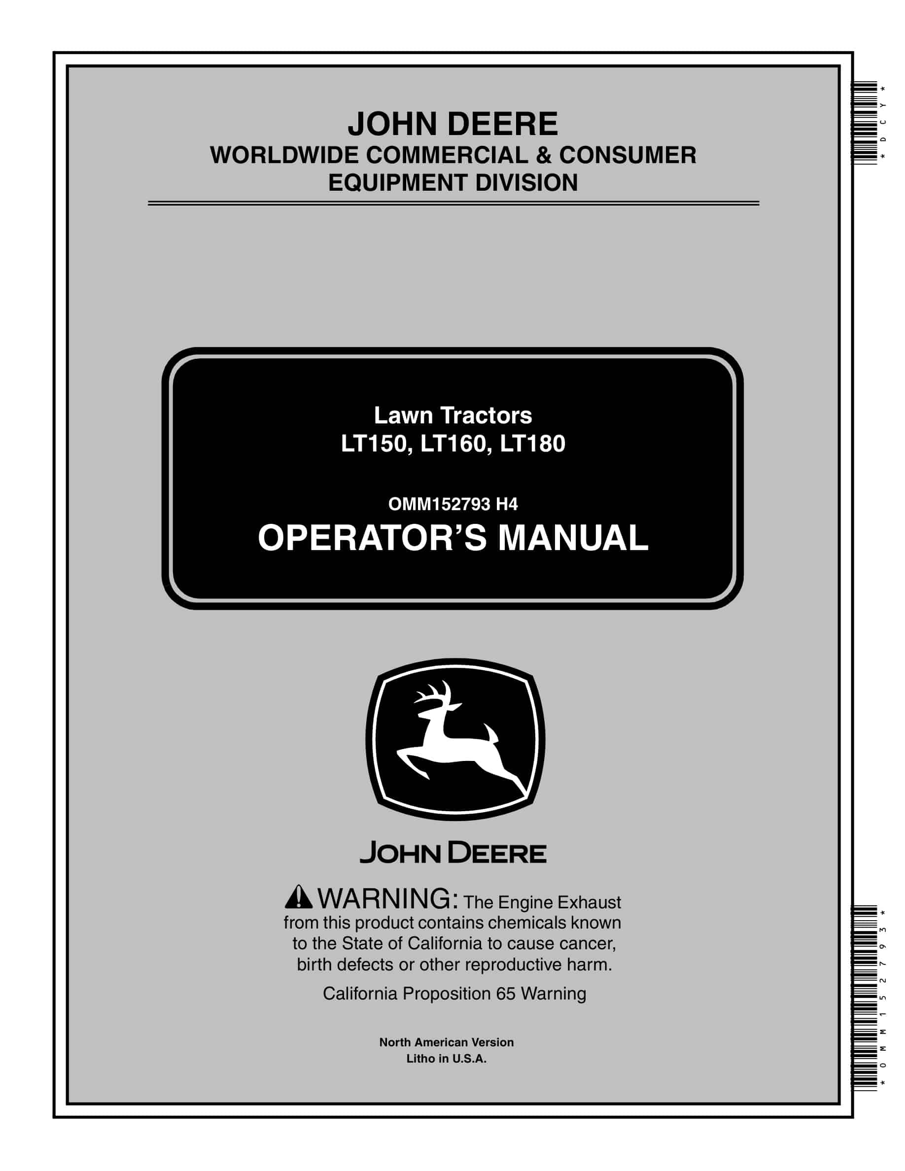 John Deere LT150, LT160, LT180 Tractor Operator Manual OMM152793-1