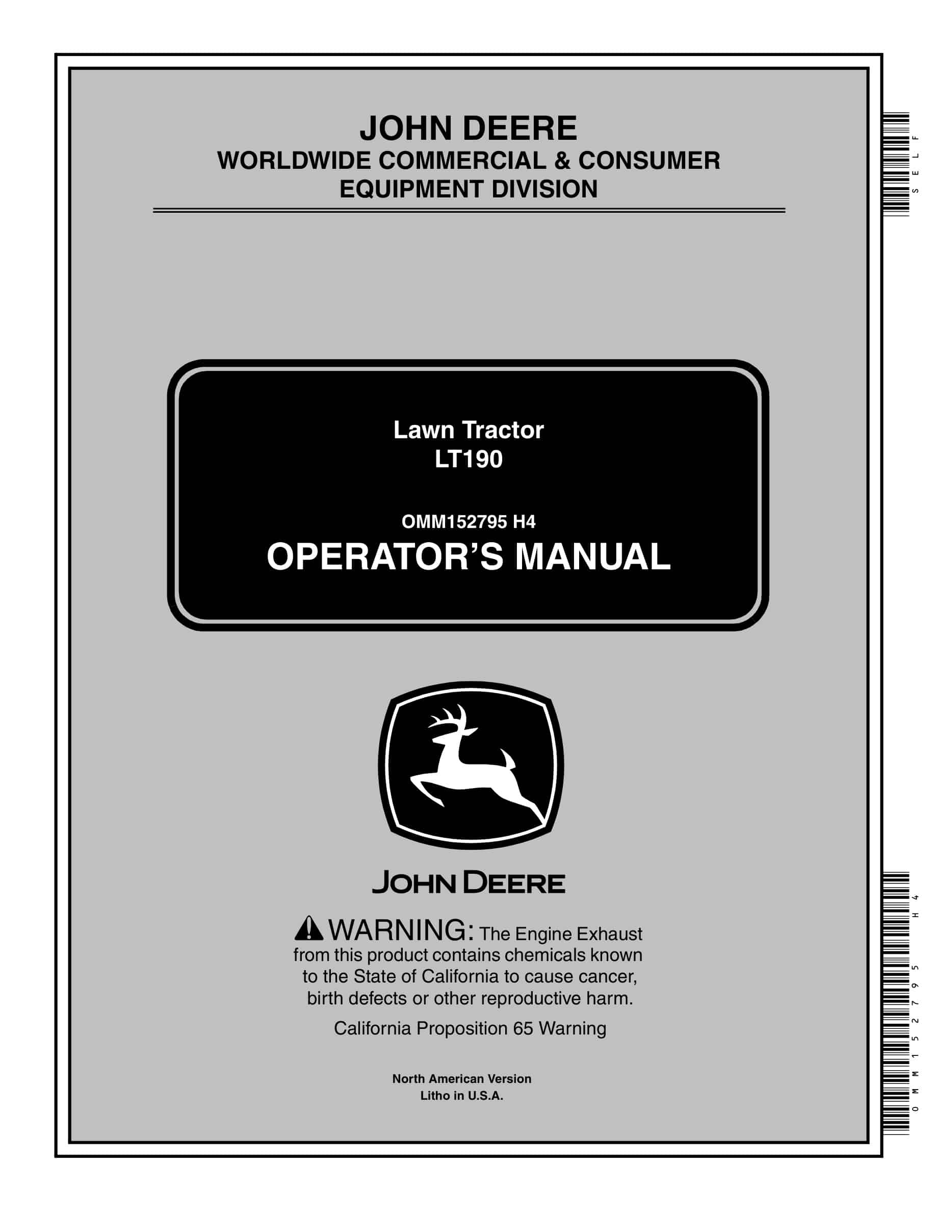John Deere LT190 Tractor Operator Manual OMM152795-1