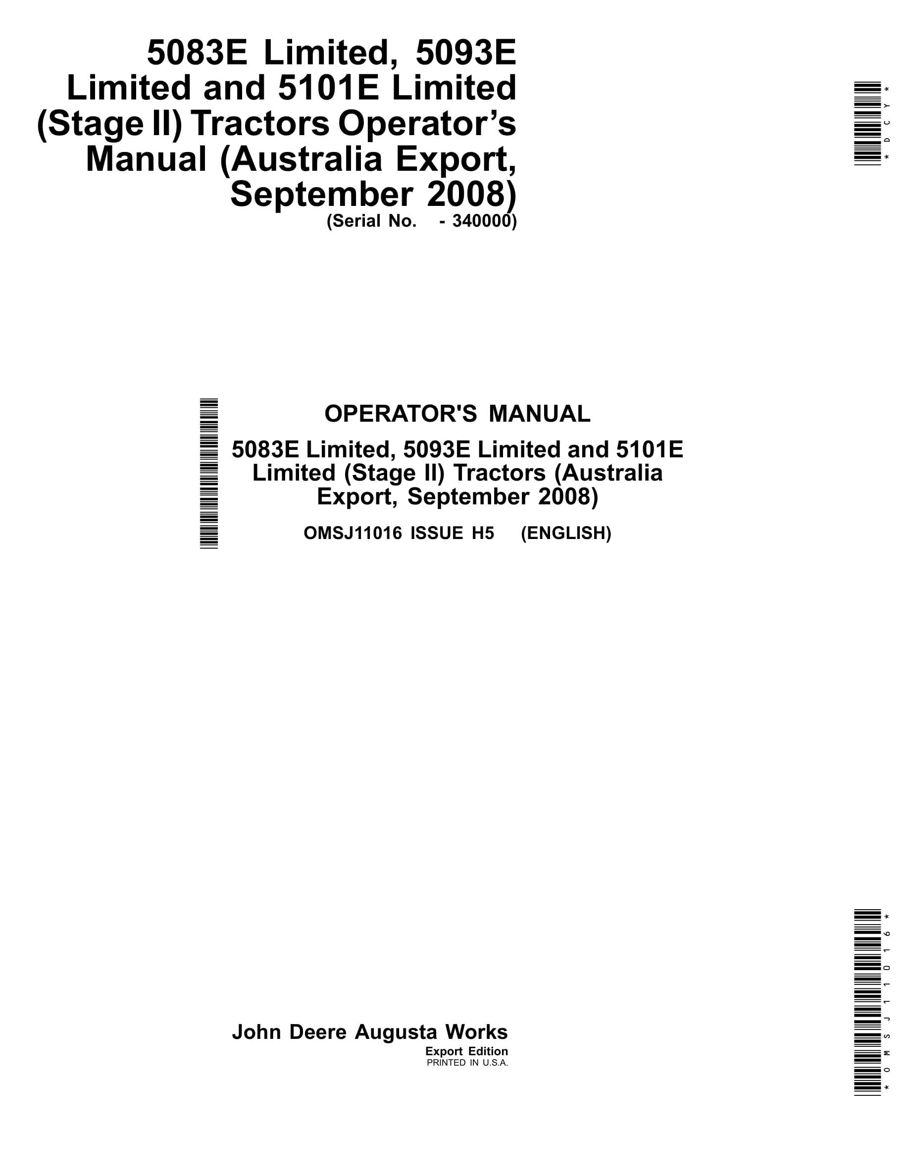 John Deere Limited, 5093e Limited And 5101e Limited (stage Ii) Tractors Operator Manuals OMSJ110165083E-1