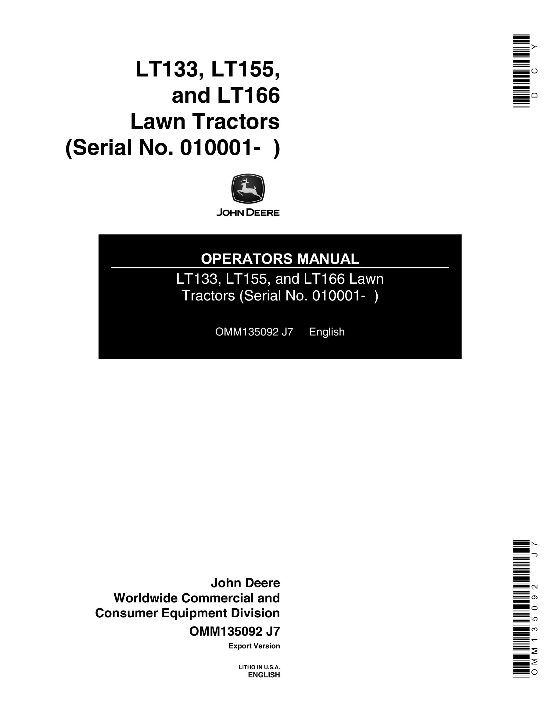 John Deere Lt133, Lt155, And Lt166 Lawn Tractors Operator Manuals OMM135092-1