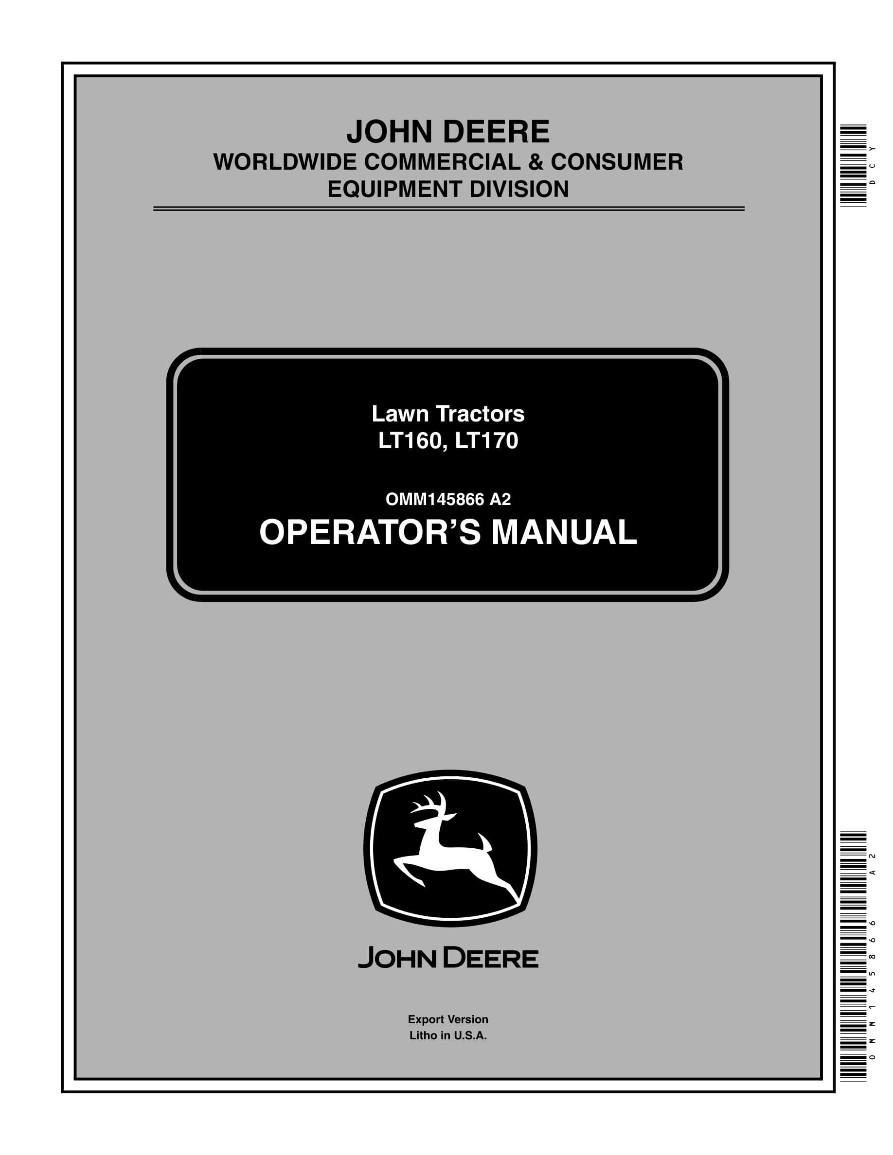 John Deere Lt160, Lt170 Lawn Tractors Operator Manuals OMM145866-1