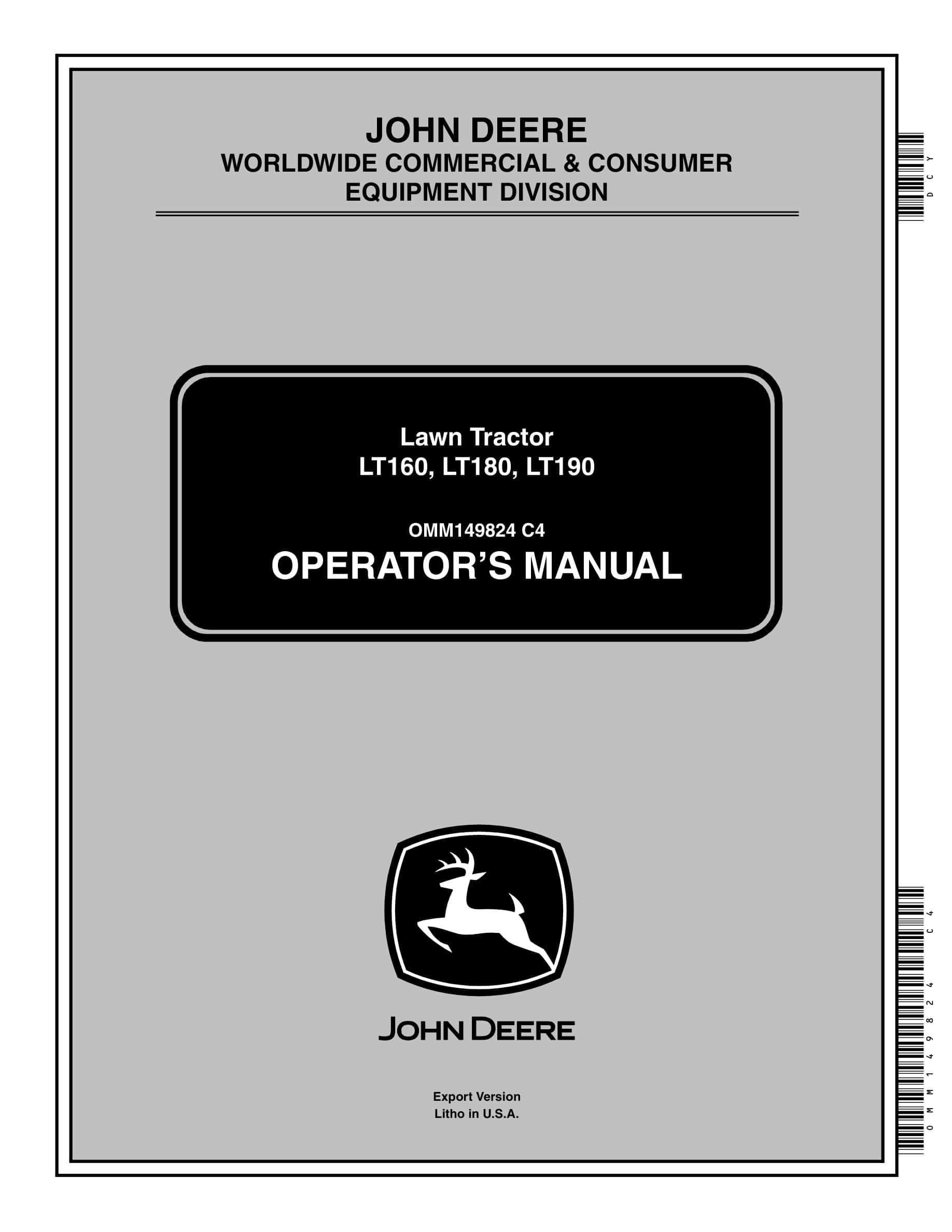 John Deere Lt160, Lt180, Lt190 Lawn Tractors Operator Manual OMM149824-1