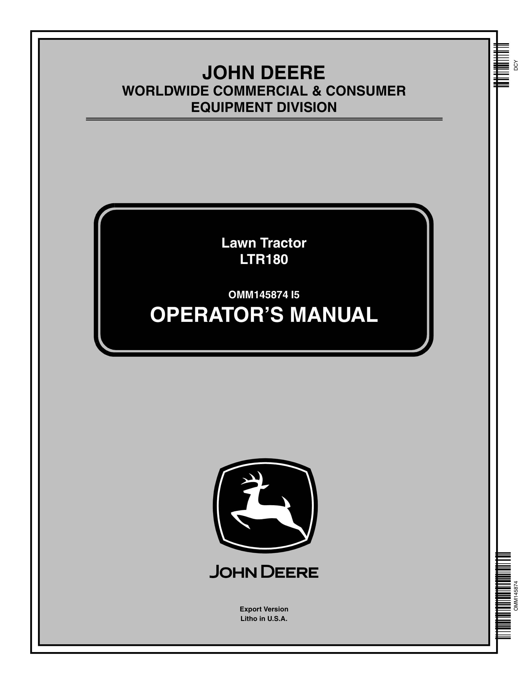 John Deere Ltr180 Lawn Tractors Operator Manuals OMM145874-1