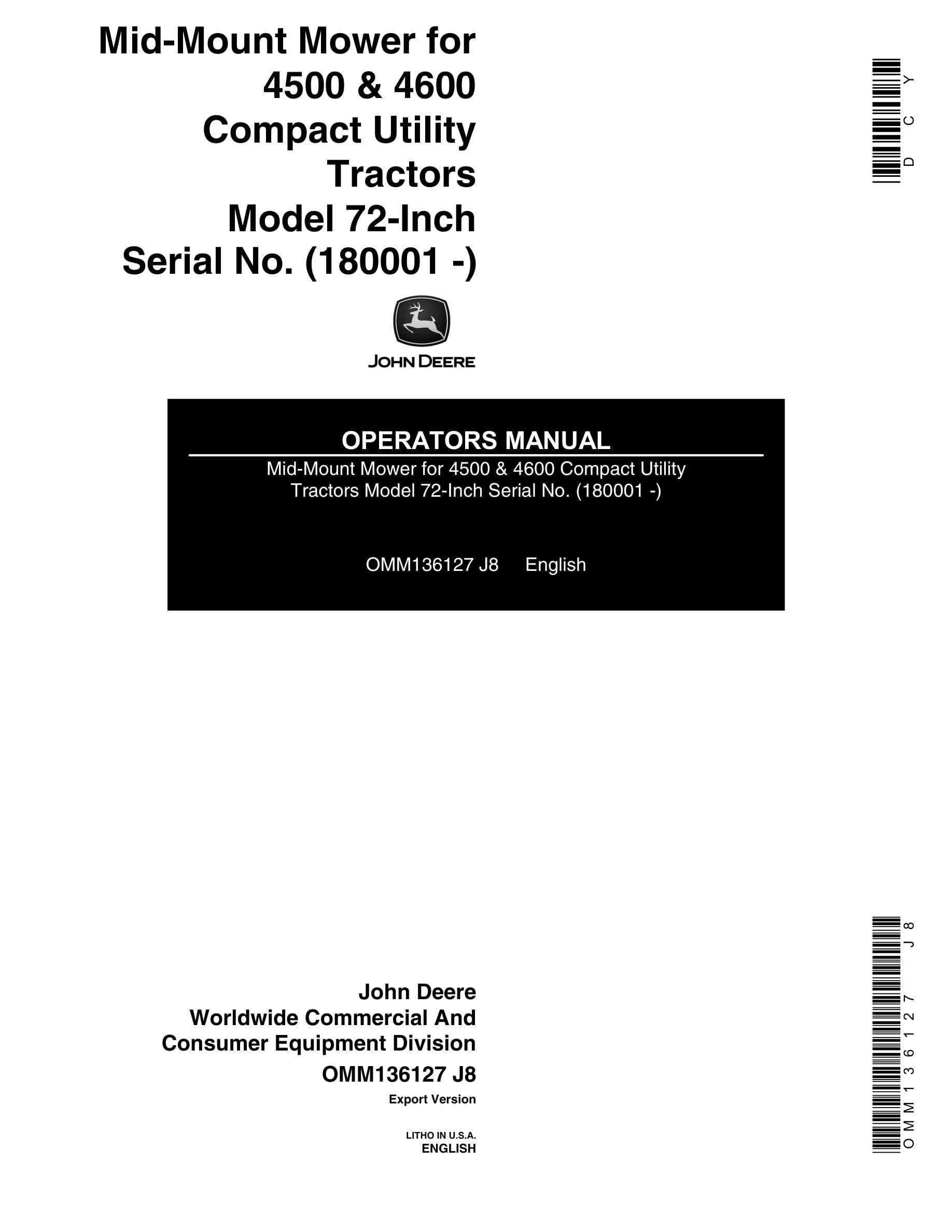 John Deere Mid-mount Mower For 4500 & 4600 Compact Utility Tractors Operator Manuals Model 72-inch OMM136127-1