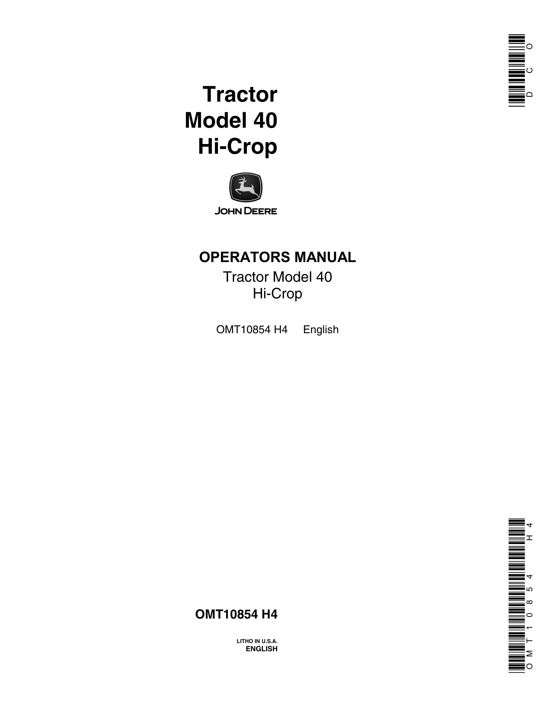 John Deere Model 40 Tractor Operator Manual OMT10854-1
