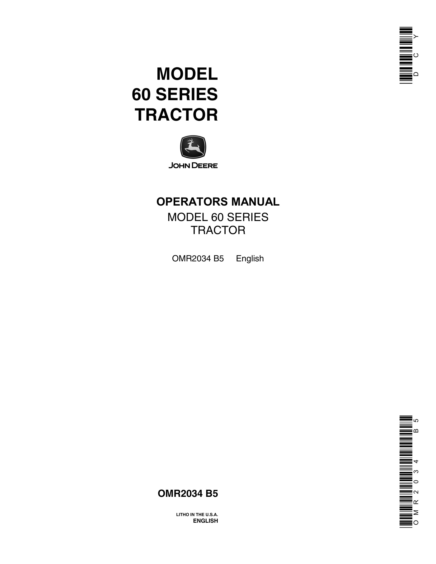 John Deere Model 60 Tractor Operator Manual OMR2034-1