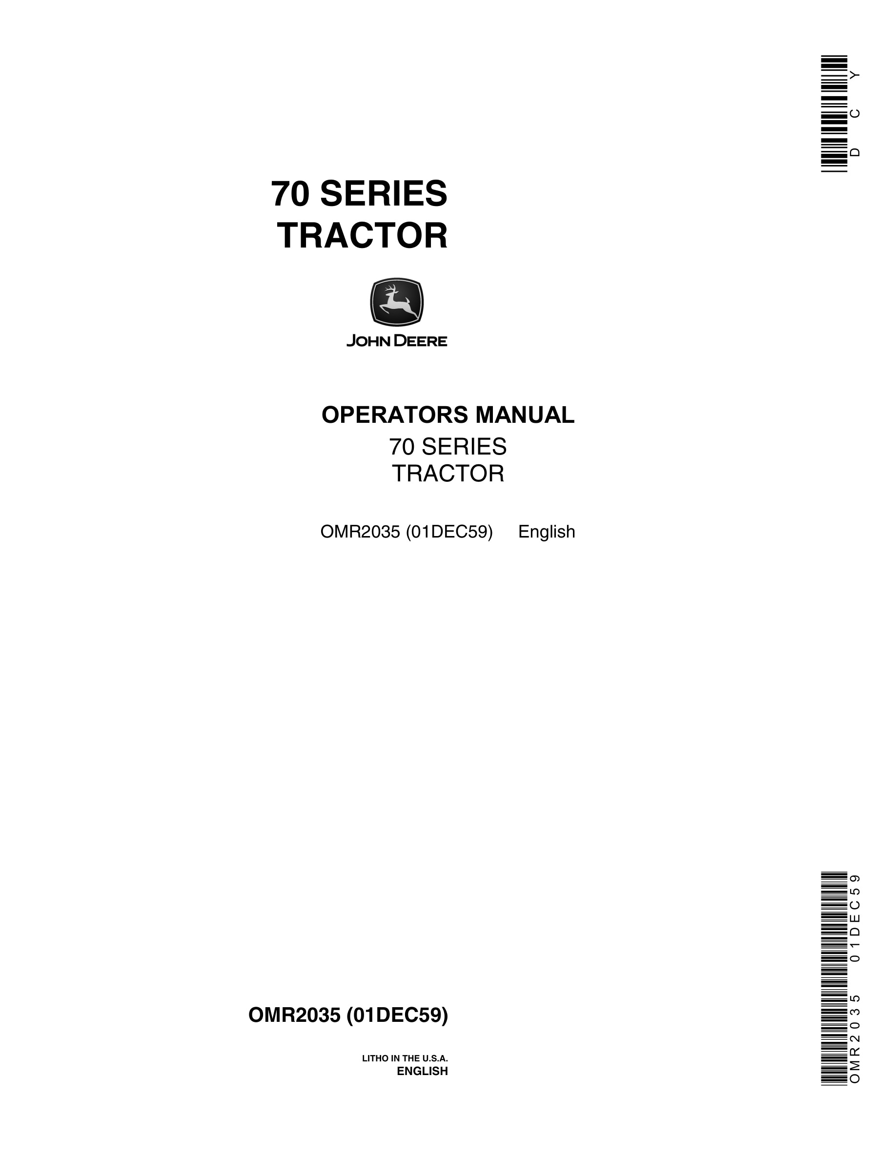 John Deere Model 70 Tractor Operator Manual OMR2035-1