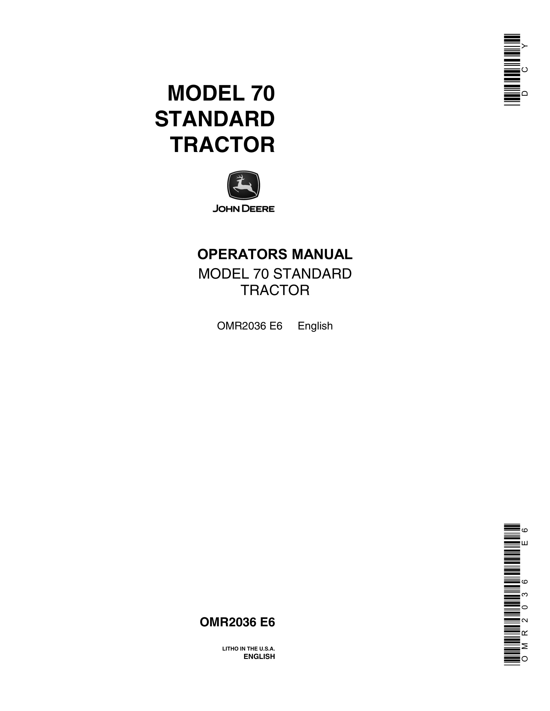 John Deere Model 70 Tractor Operator Manual OMR2036-1