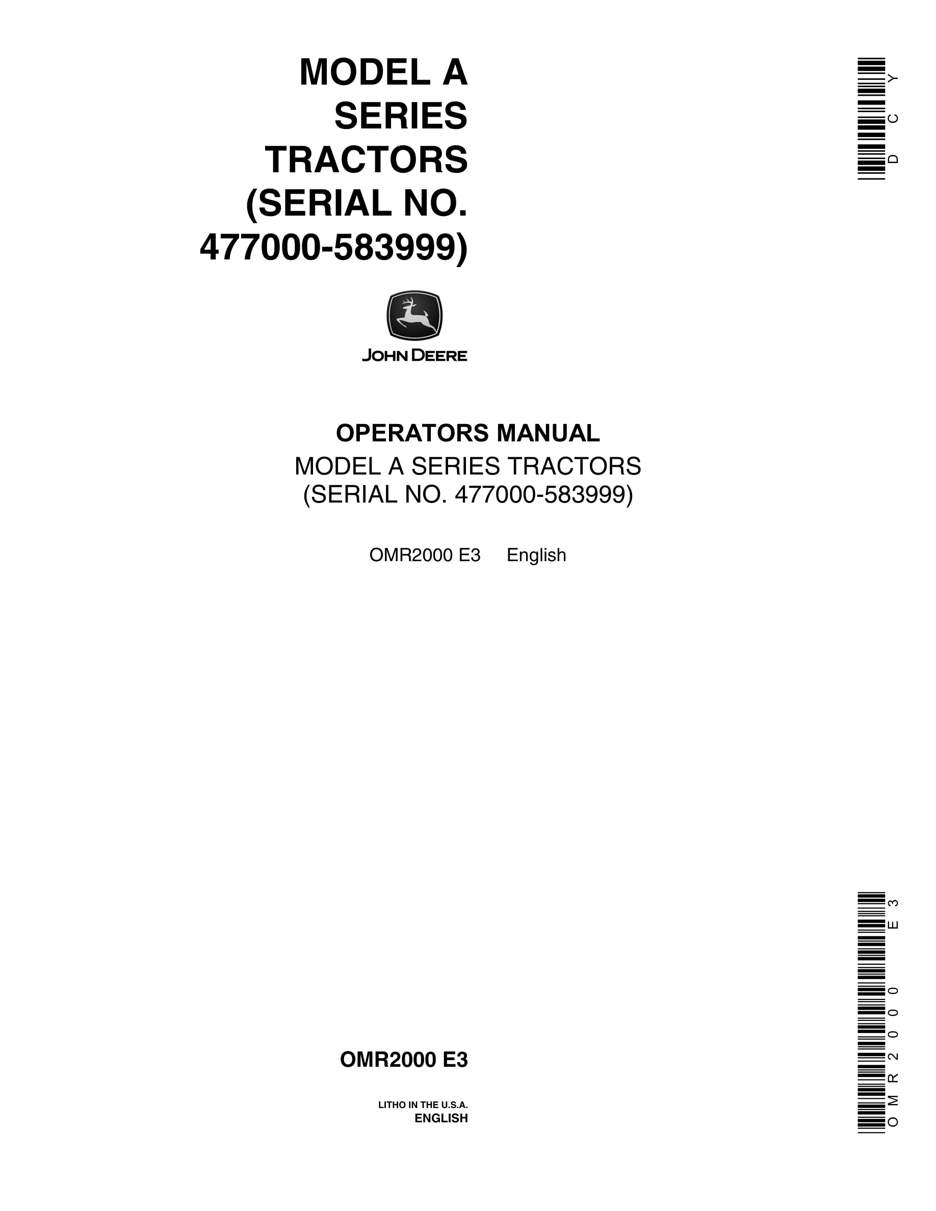 John Deere Model A Tractor Operator Manual OMR2000-1
