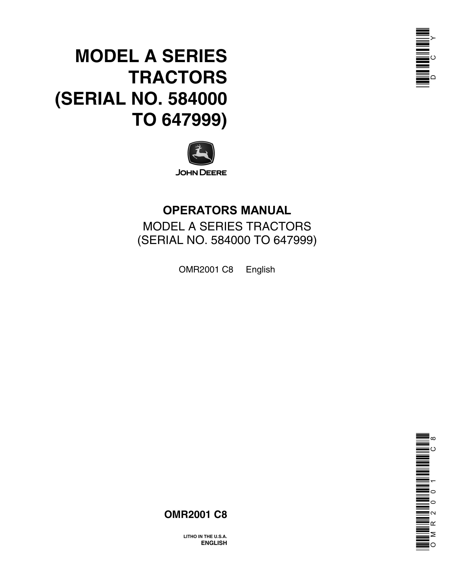 John Deere Model A Tractor Operator Manual OMR2001-1