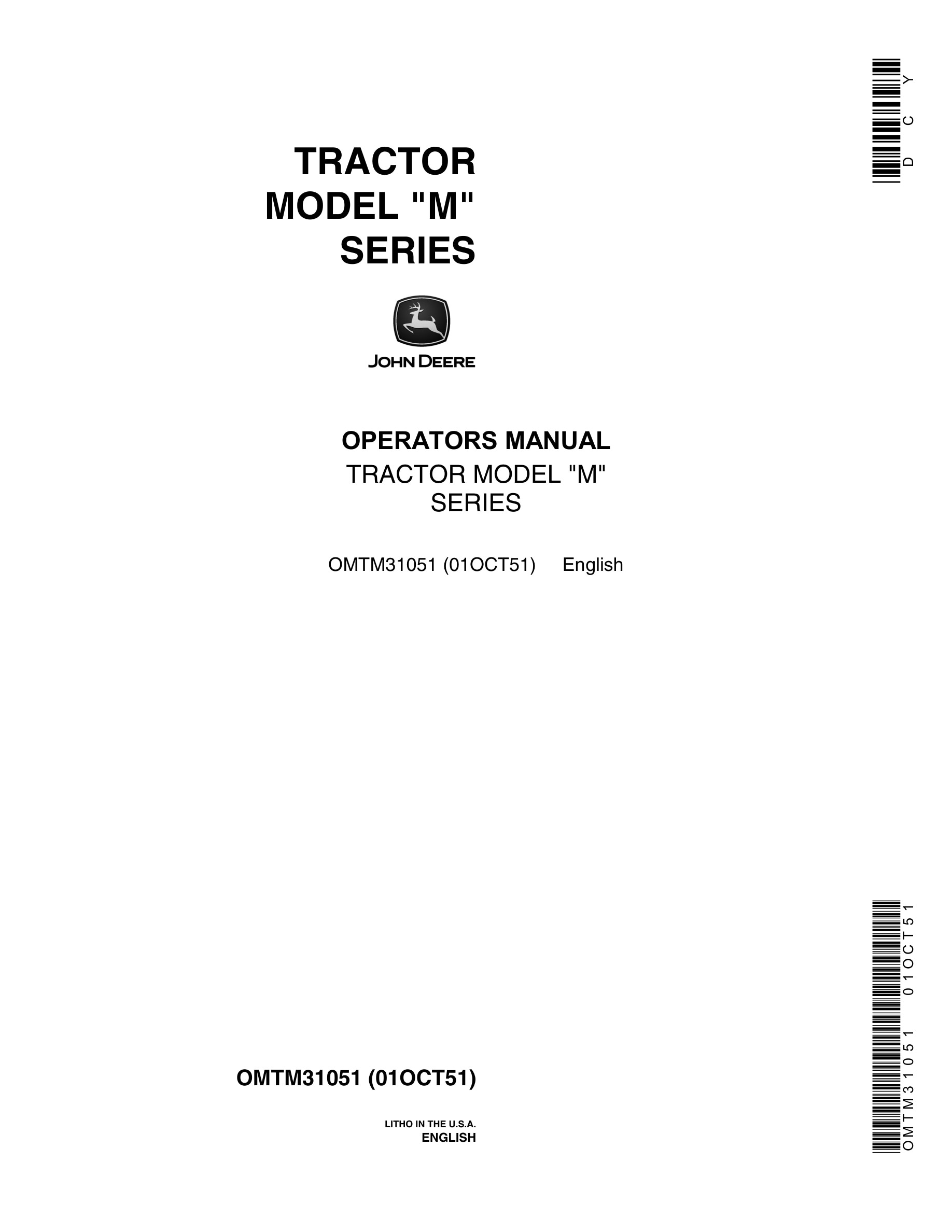 John Deere Model M Tractor Operator Manual OMTM31051-1
