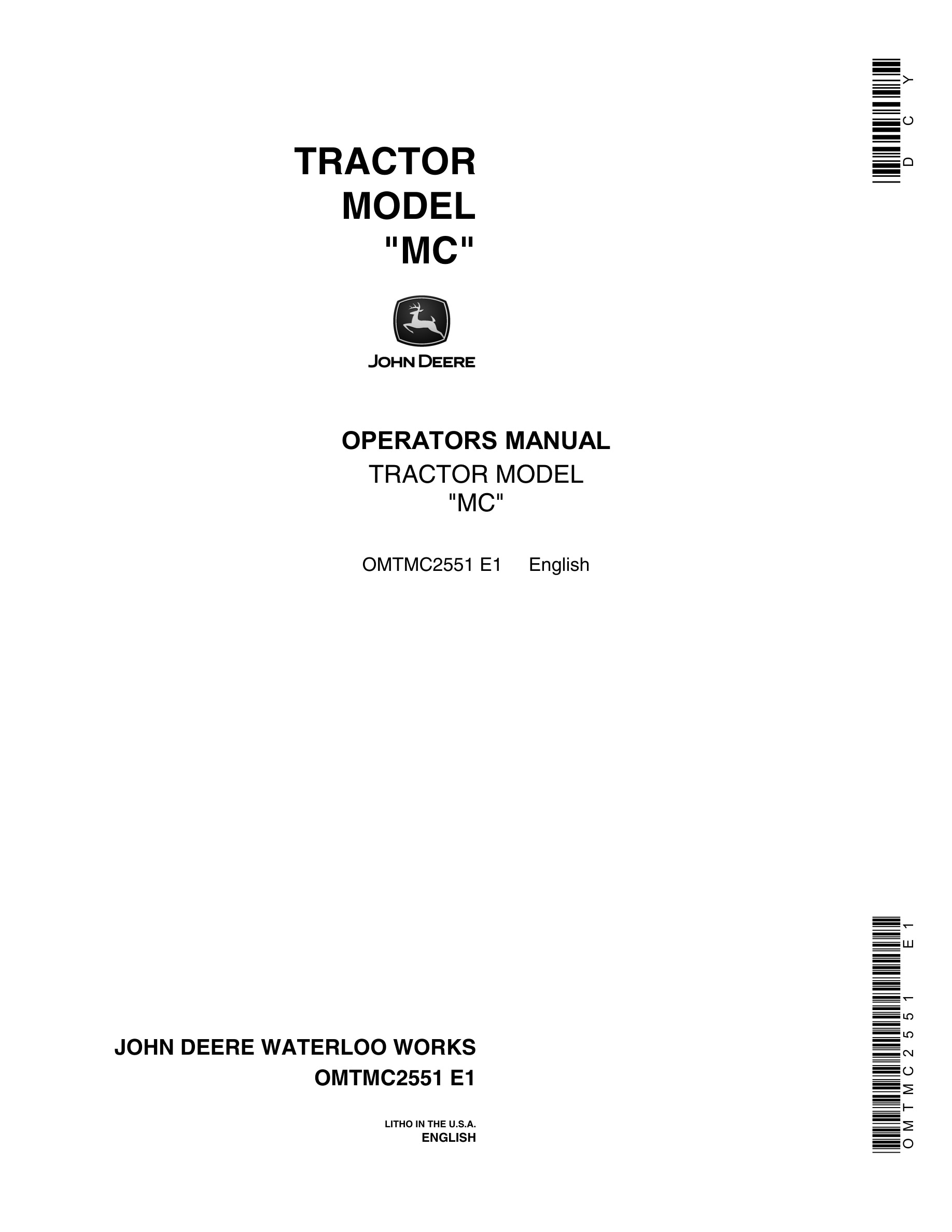 John Deere Model MC Tractor Operator Manual OMTMC2551-1
