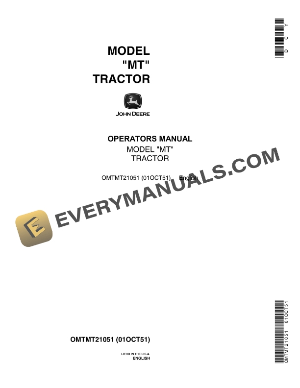 John Deere Model MT Tractor Operator Manual OMTMT21051