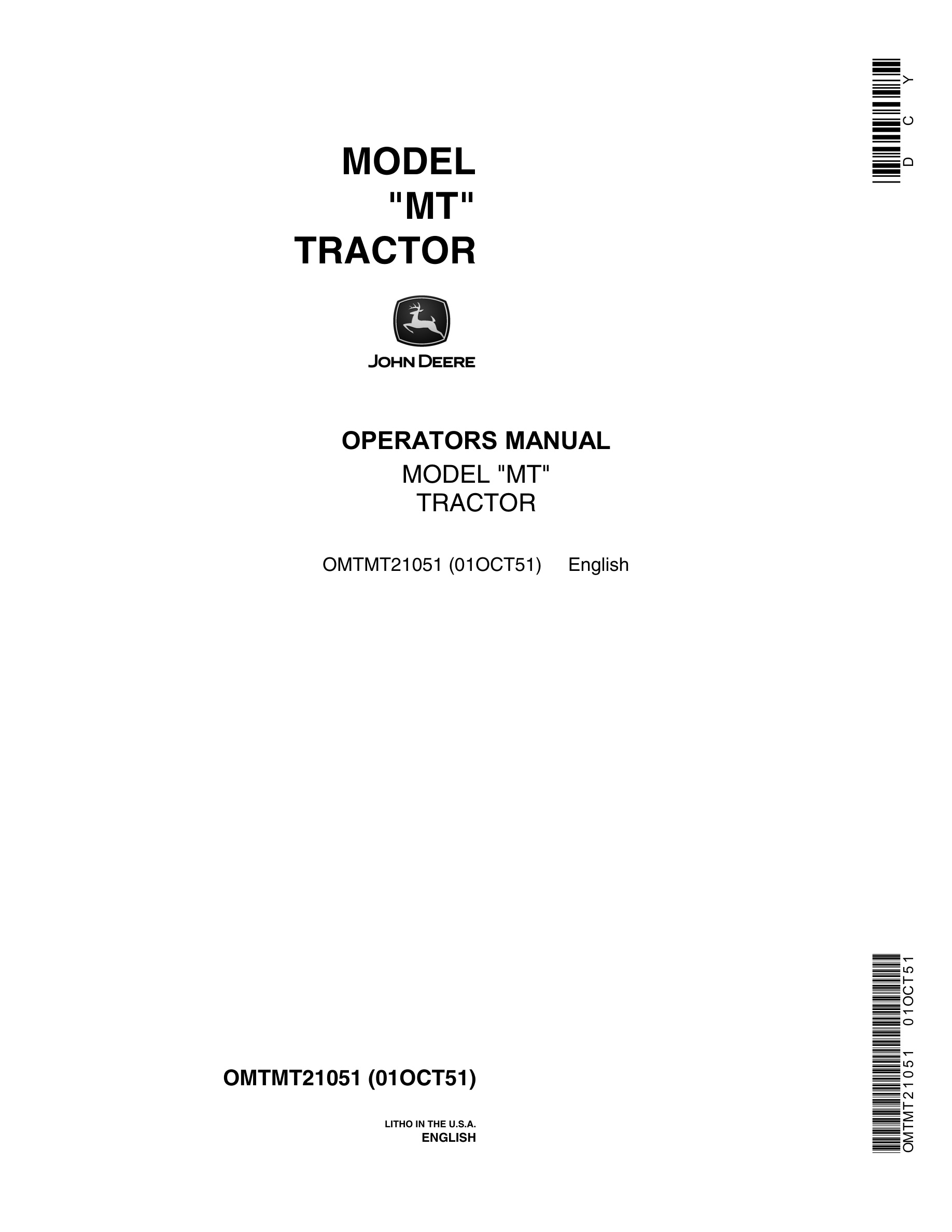 John Deere Model MT Tractor Operator Manual OMTMT21051-1