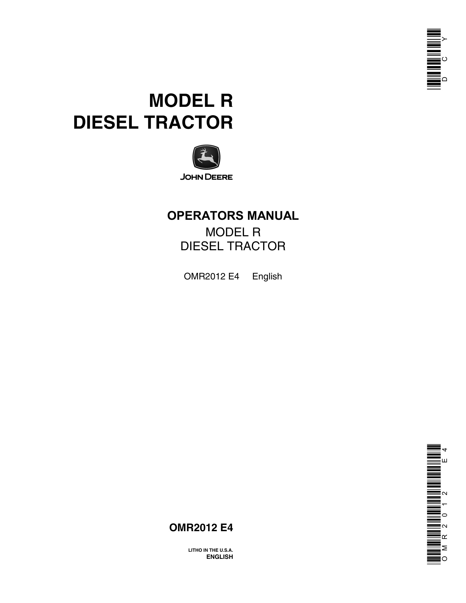 John Deere Model R Tractor Operator Manual OMR2012-1