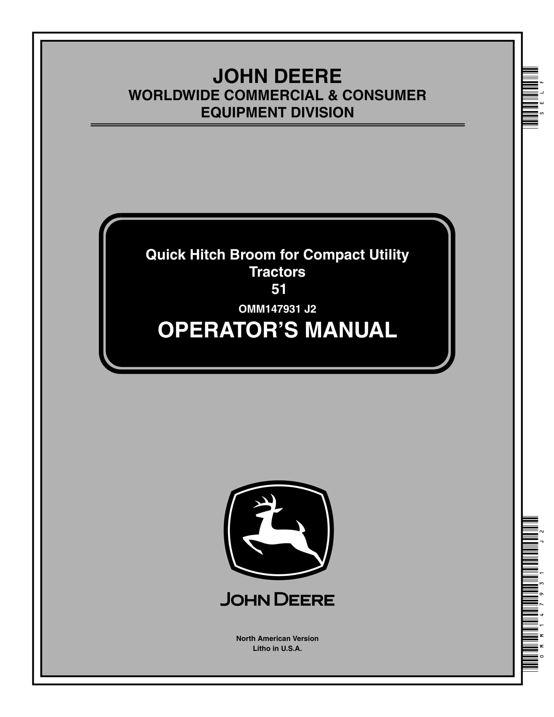 John Deere Quick Hitch Broom For 51 Compact Utility Tractors Operator Manuals OMM147931-1