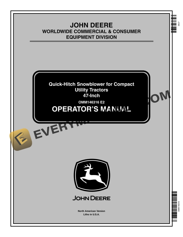 John Deere Quickhitch Snowblower For 47inch Compact Utility Tractors Operator Manuals OMM146316