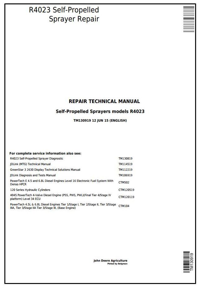 John Deere R4023 Self-Propelled Sprayer Service Repair Technical Manual TM130919