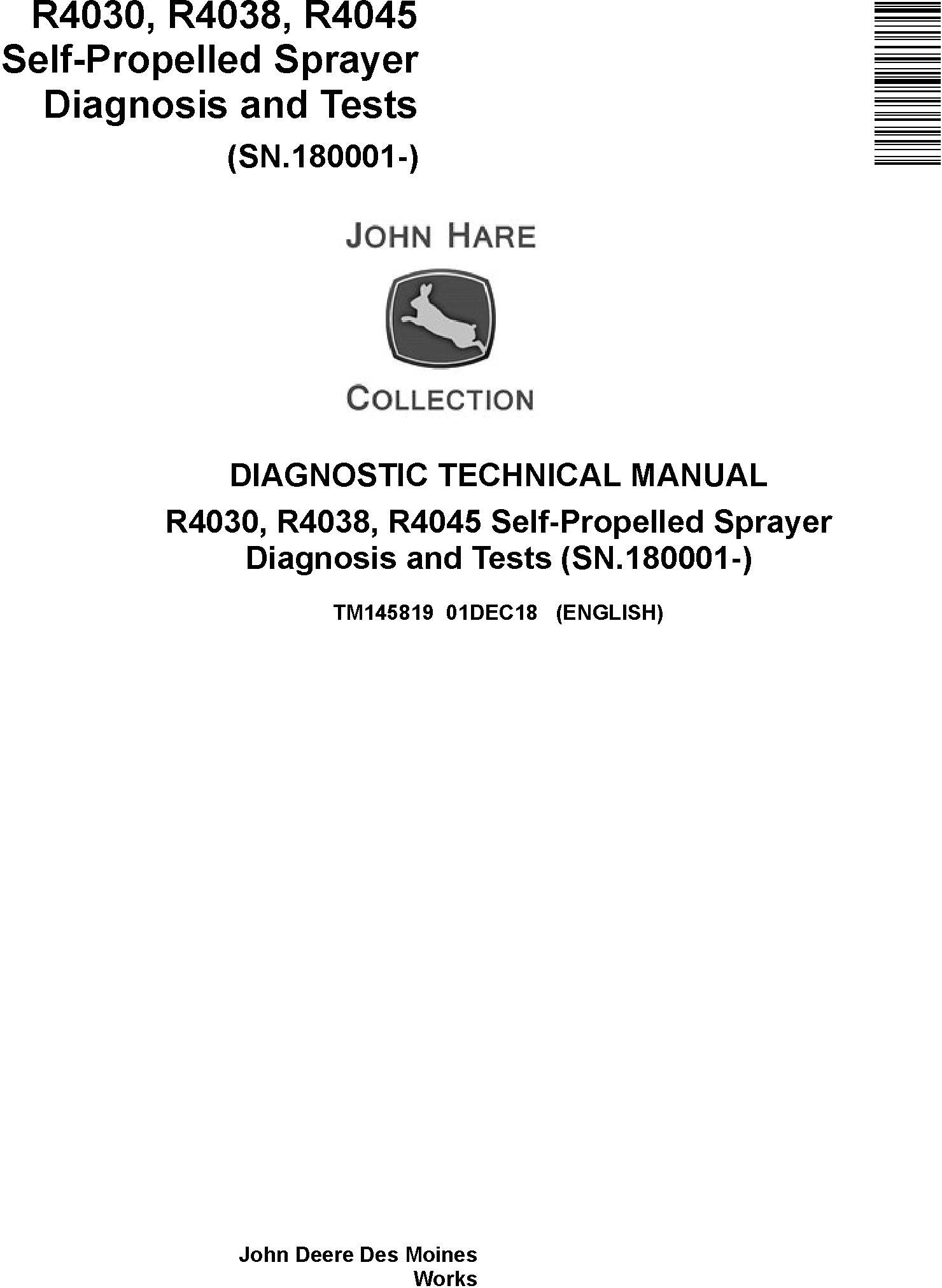 John Deere R4030 R4038 R4045 Self-Propelled Sprayer Diagnostic Test Manual TM145819