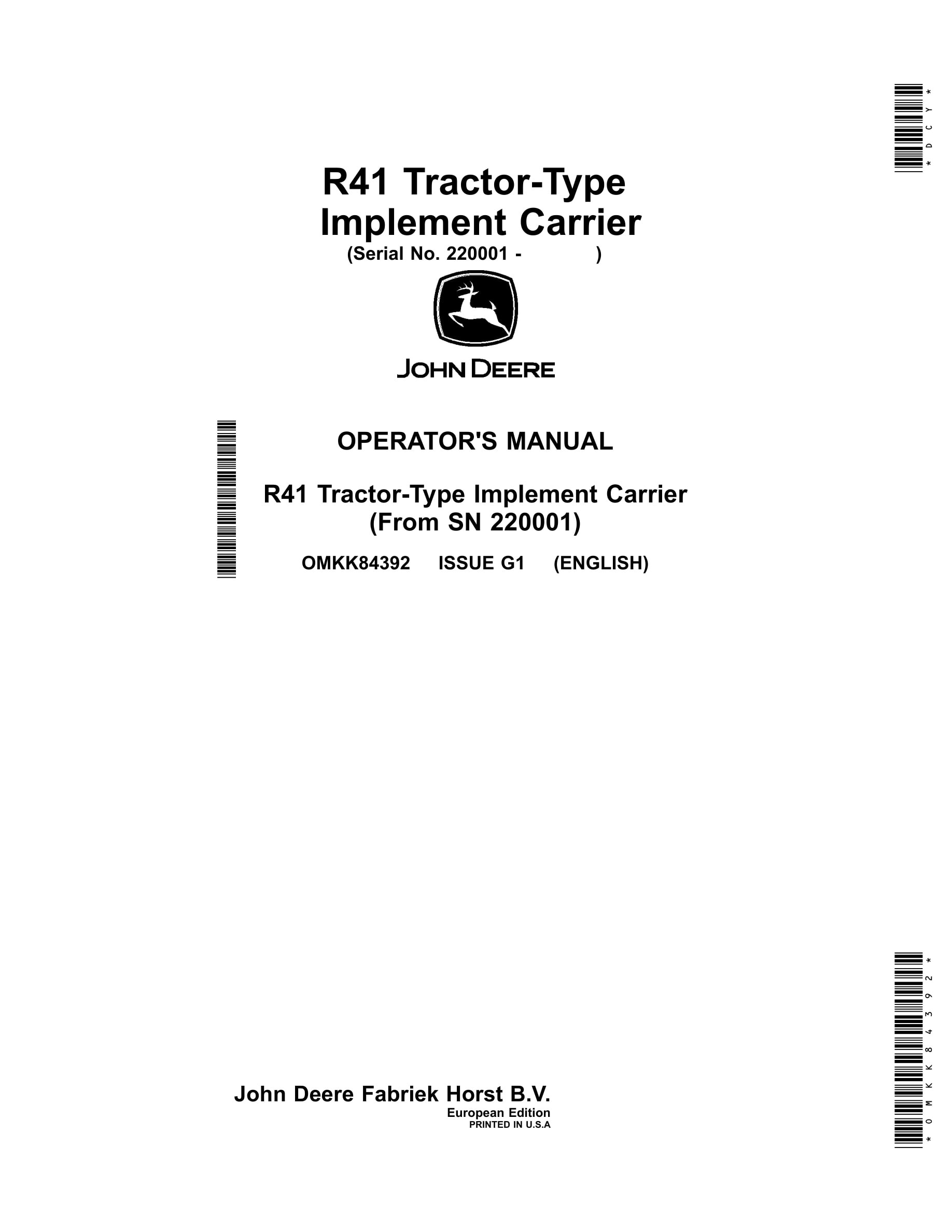 John Deere R41 Tractors Operator Manual type Implement Carrier Omkk84392-1