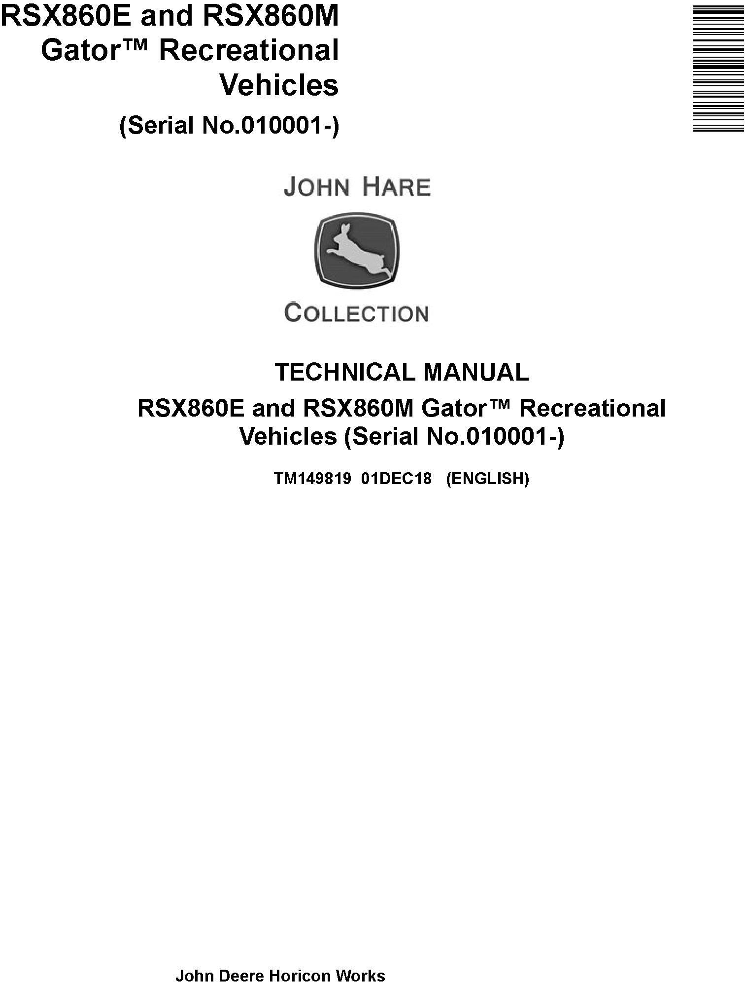 John Deere RSX860E RSX860M Gator Recreational Vehicles Technical Manual TM149819