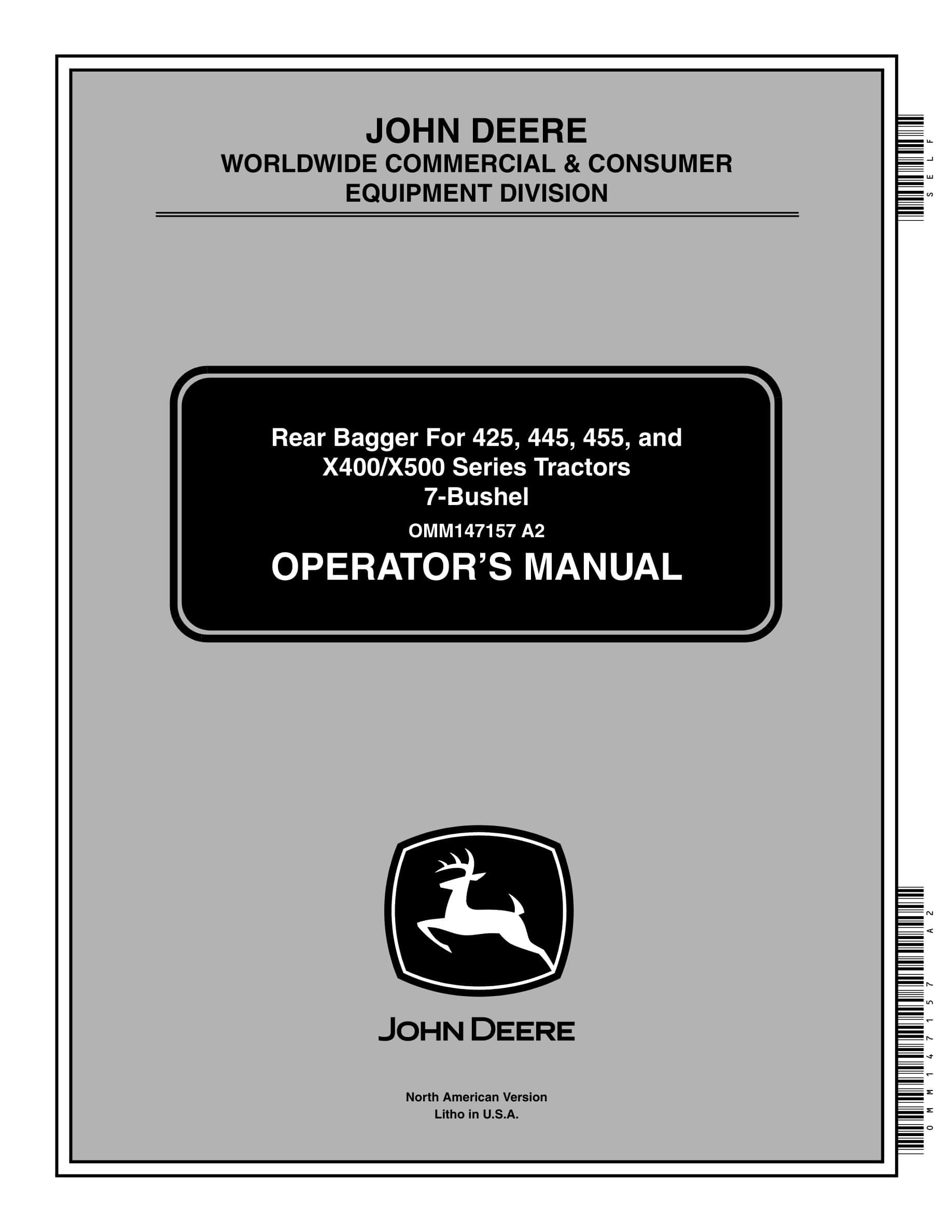 John Deere Rear Bagger For 425, 445, 455, And X400 X500 Series 7 Operator Manuals OMM147157-1